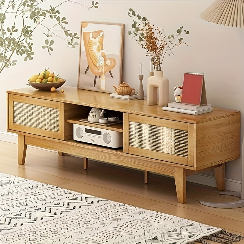 Rattan TV Stand 102-165cm for Living Room, Boho Entertainment Center with 2 Storage Cabinets Television Stands for Bedroom with Sliding Doors Rattan TV Console with Storage