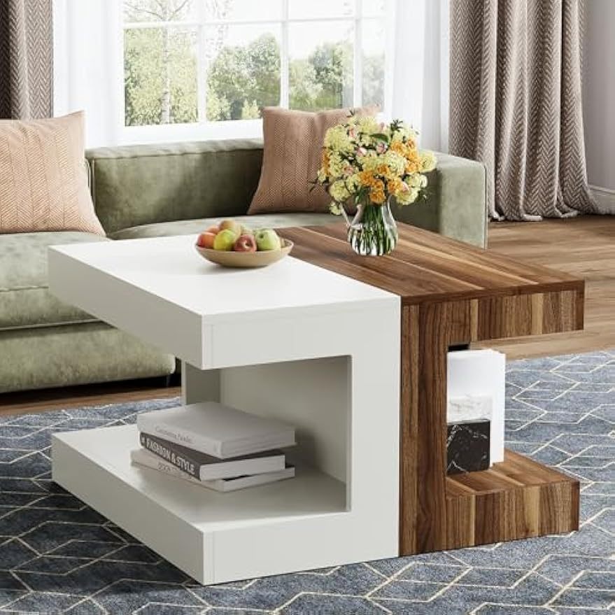 Square Coffee Table, 81cm Creative Combination Splicing Side Table, 2-Tier Vintage Center Table for Living Room, Bedroom, Small Space, Rustic Brown & White