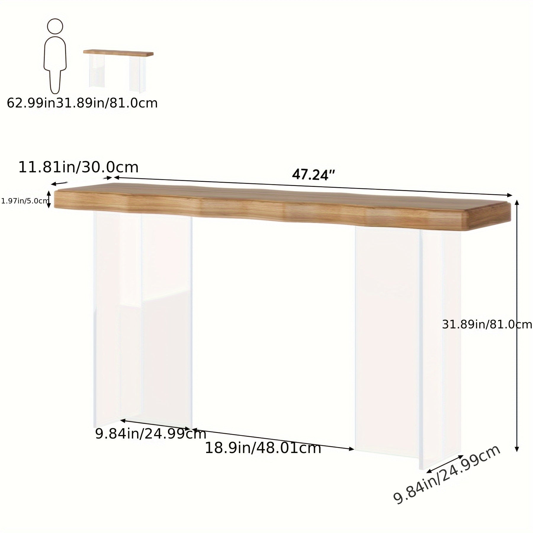 New Trend 119 cm Acrylic Leg Narrow Sofa Table, Transparent Leg Console Table for Entryway Living Room