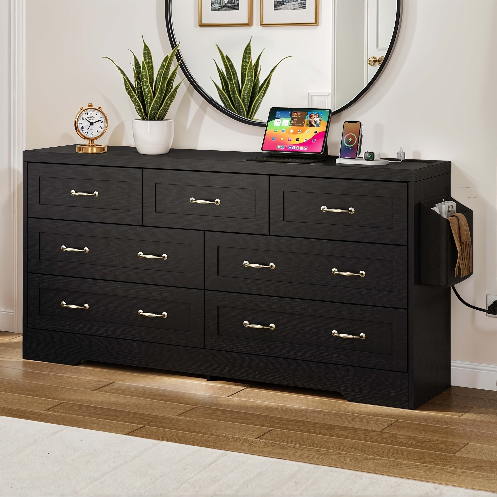 Elegant 7- Drawer Wood Dresser with Charging Station: Versatile Storage Cabinet for Bedroom, Entryway, and Living Room