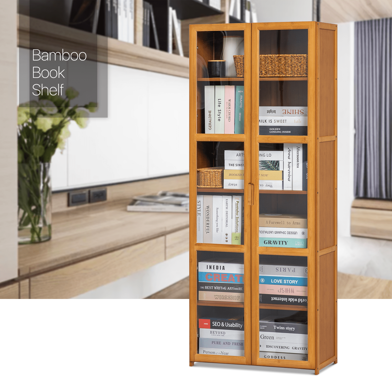 6 Tier Tall Bookcase with Acrylic Doors Bamboo Storage Cabinet Bookshelf Display Shelves for Home Office Bedroom Living Room, Brown