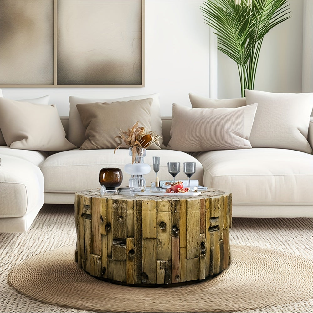 50cm Farmhouse Barrel Shaped Round Coffee Table For Indoors And Outdoors, Round Coffee Table For Living Room, Small Side Table Tea Table End Table