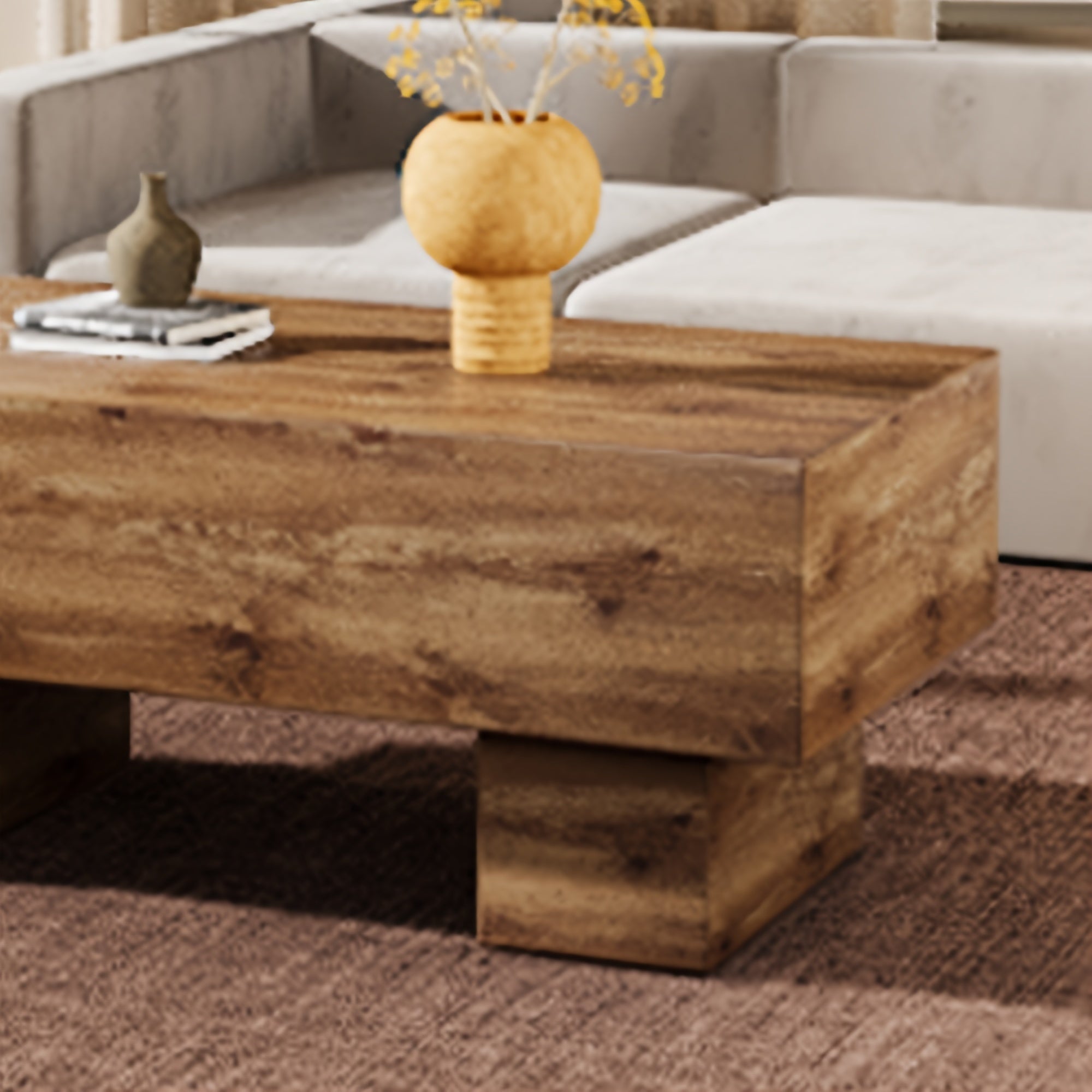 Farmhouse Coffee Table Modern MDF Rectangular Living Room Table Wood MDF Top Rustic Large 43.3 Inch Center Cocktail Tables (Brown)