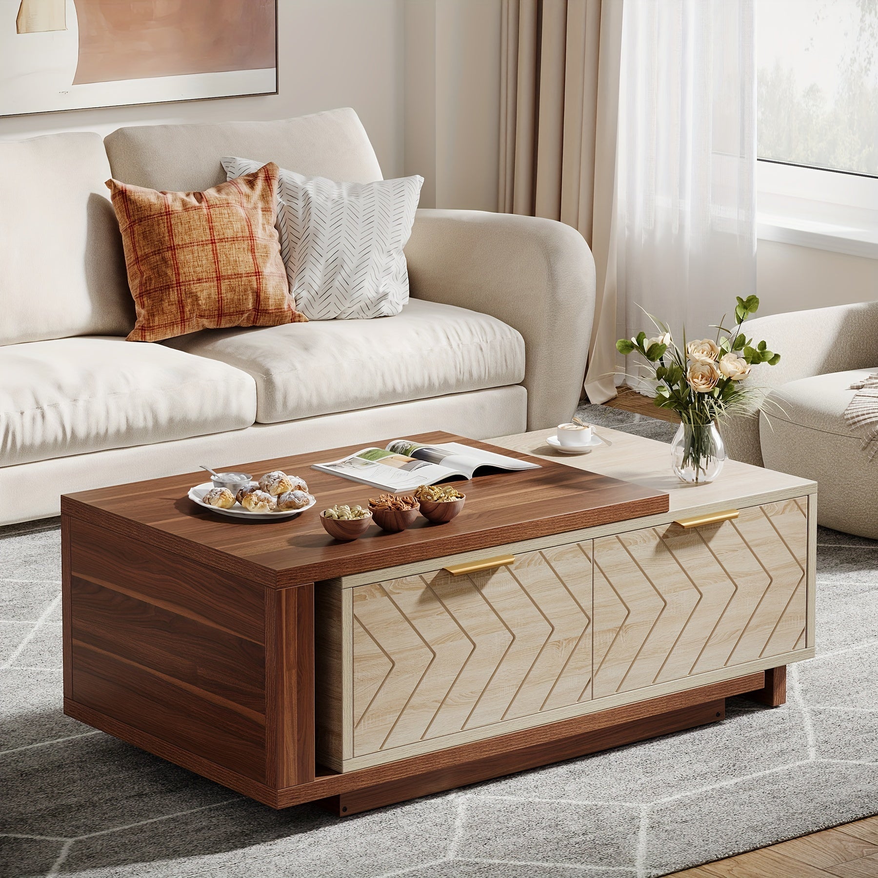 Expandable Wooden Coffee Table With Dual Storage Drawers, Featuring Dual-Tone Centerpiece & Sliding Tabletop, Versatile Hidden Compartment Rectangle Cocktail Table Ideal For Living Spaces