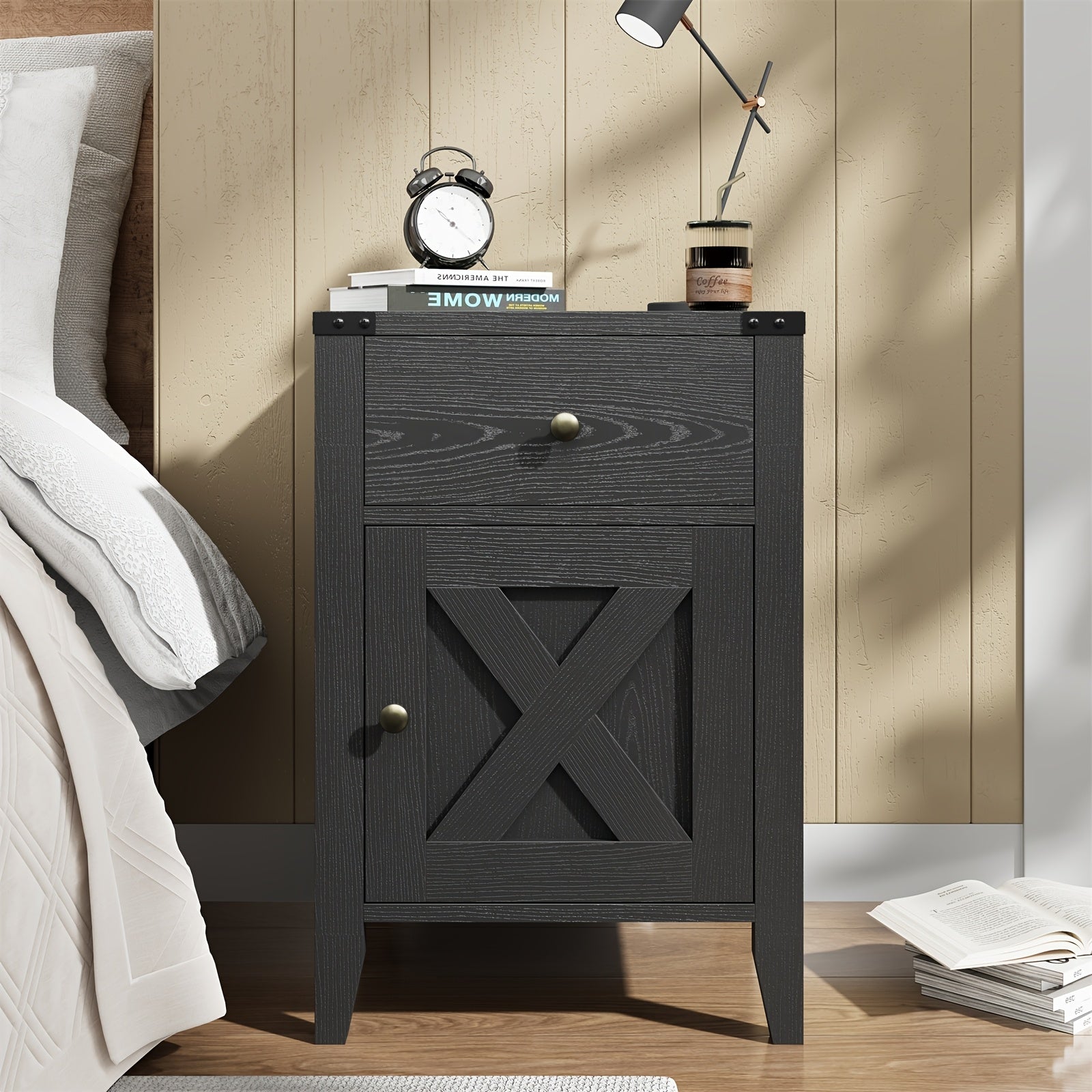 Charming Grey Farmhouse Nightstand with Power Outlets & USB Ports - Sleek Bedside Table with Drawer & Cabinet, Metal Handles, for Cozy Bedroom or Living Room Decor