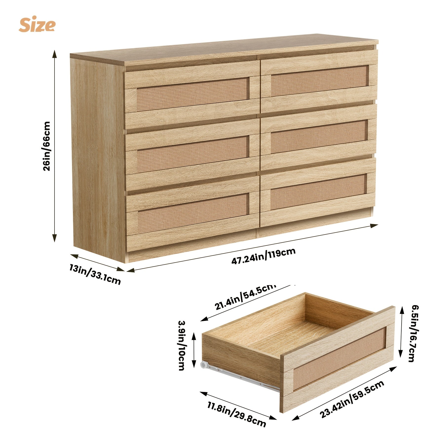 Rattan Dresser For Bedroom, Modern 6 Drawer Double Dresser With Anti-Tip Kit, Wood Storage Wide Chest Of Drawers For Bedroom, Living Room, Hallway, Natural