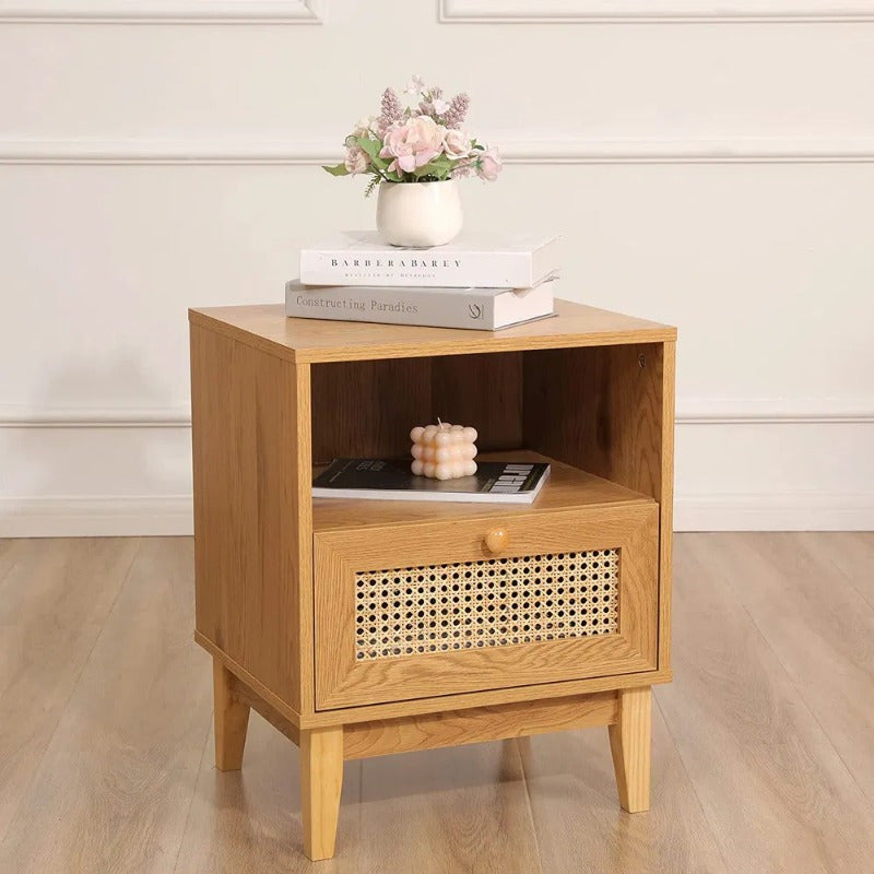 Nightstand with Natural Rattan Door Rattan Drawer; Wooden Bedside Table End Table for Living Room and Bedroom