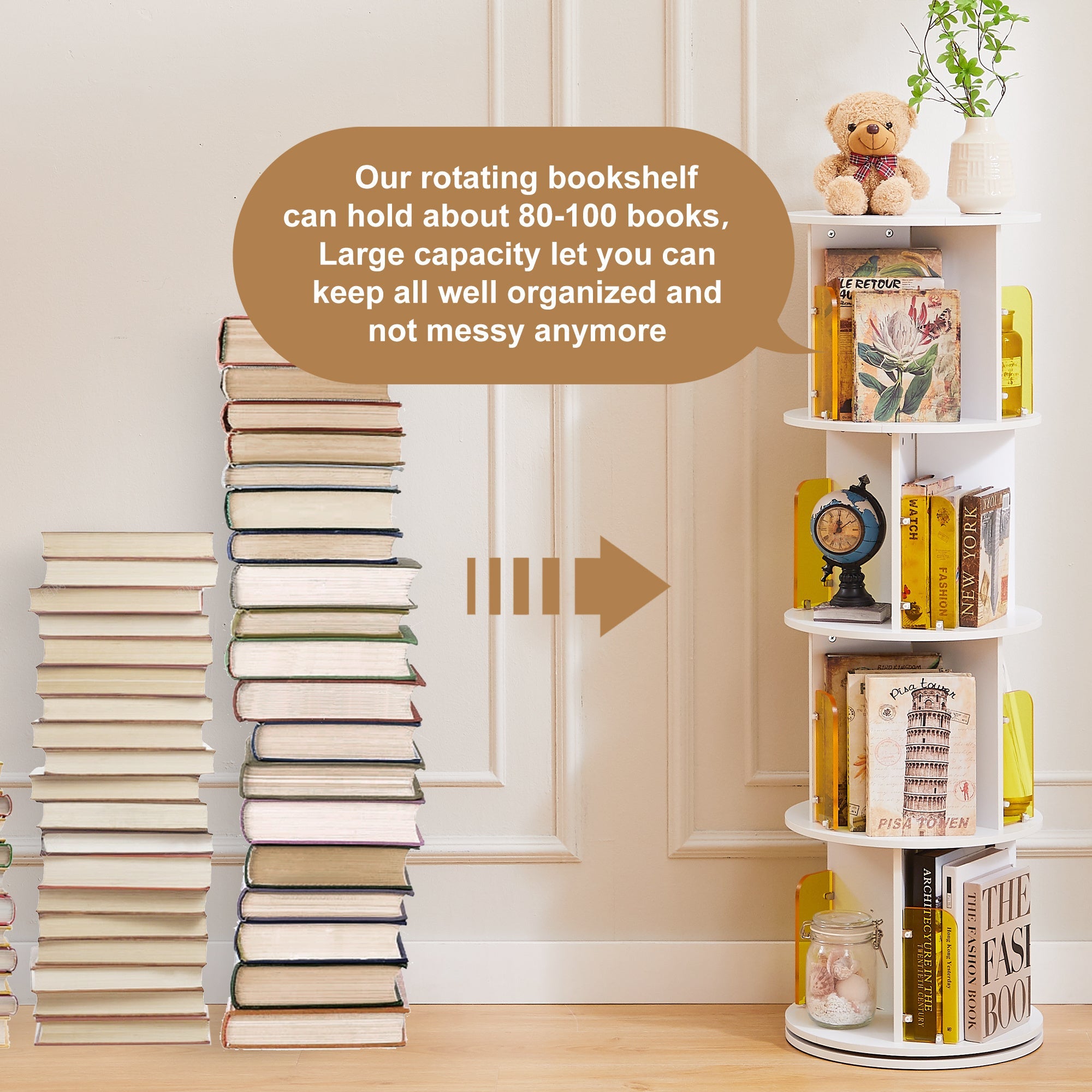 4-Tier Rotating Bookshelf 360 Floor Standing Round Bookshelf for Bedroom, Living Room