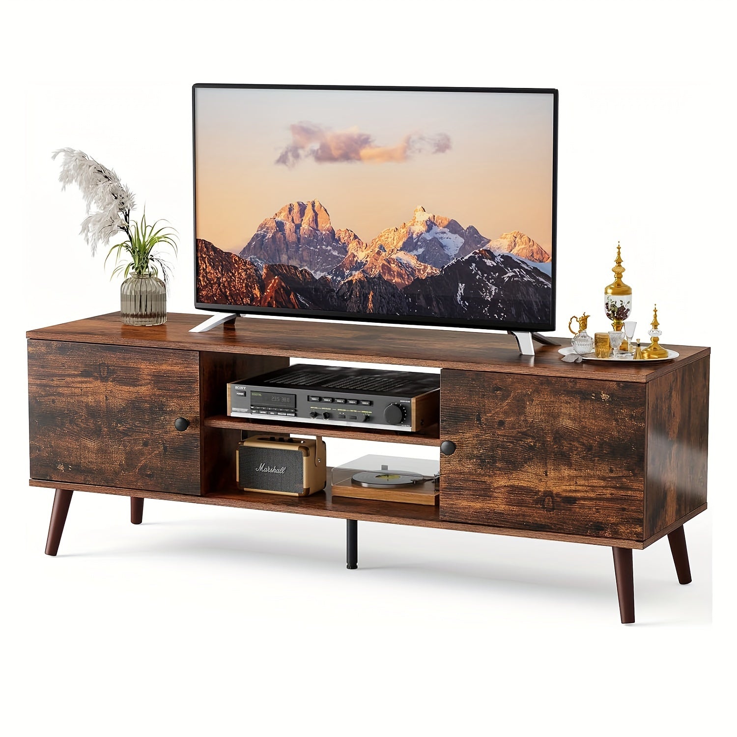 Modern TV Stand for 55-60 Inch TV with 2 Storage Cabinet and Open Shelf, TV Cabinet, TV Media Console, Wood TV Table for Living Room, Bedroom, Office