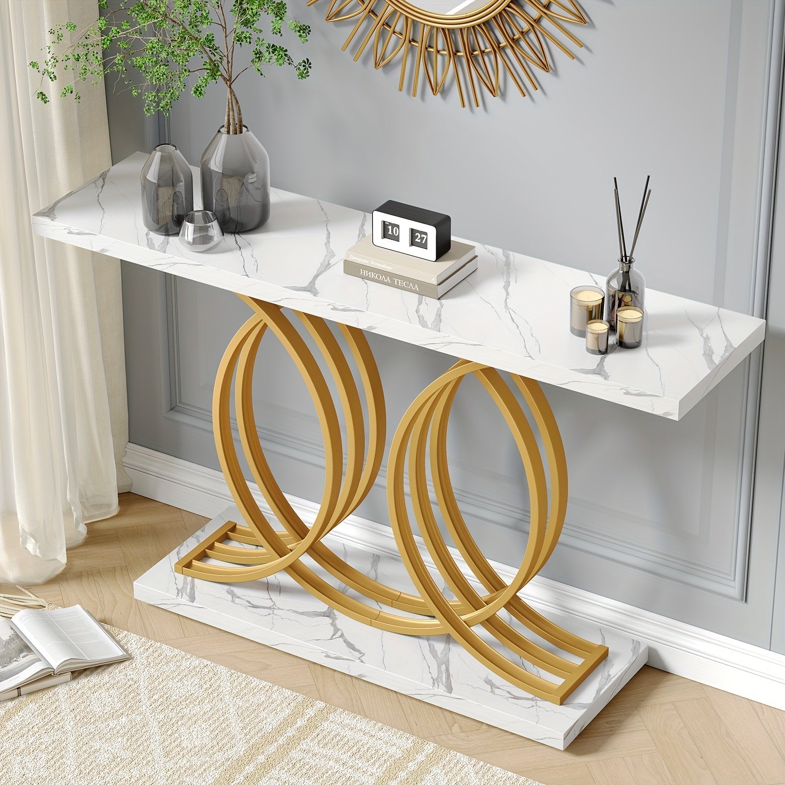 140 cm Console Table For Hallway, Faux Marble Golden Entryway Table With Geometric Metal Base, Modern Narrow Sofa Accent Table For Entrance, Living Room, Foyer (White & Golden)