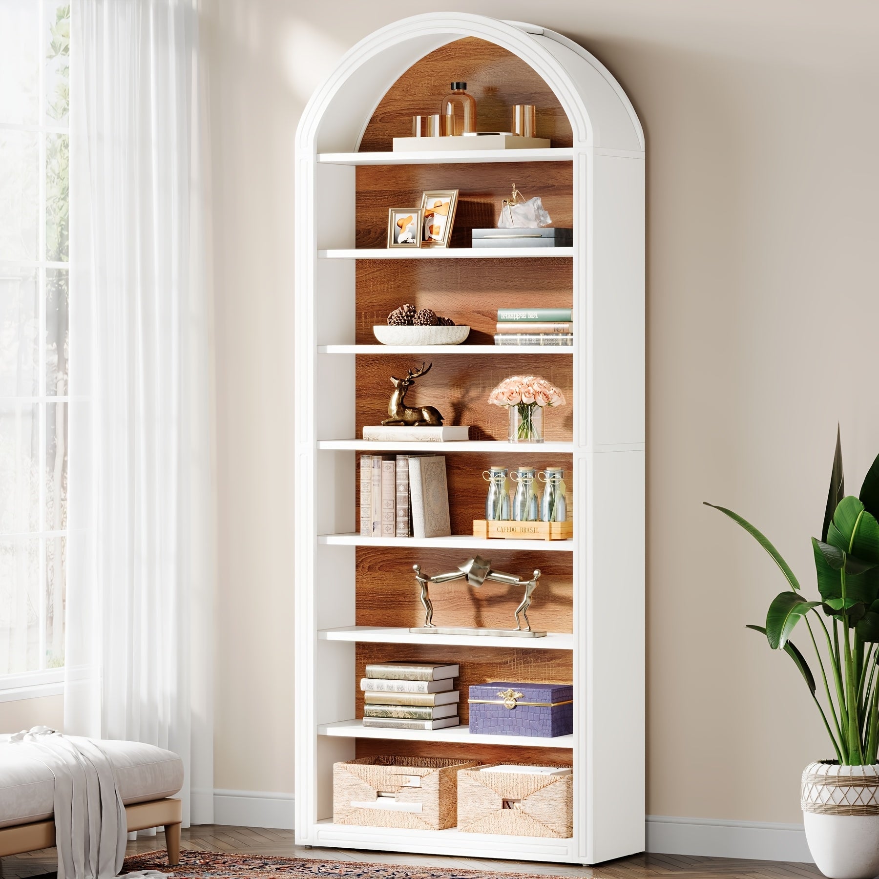 8-Tier Arched Bookshelf, Modern White Arched Bookcase With Storage Shelves, 78.7" Tall Floor Standing Wood Open Display Shelving Unit For Living Room, Bedroom, Home Office (1pc, White & Brown)