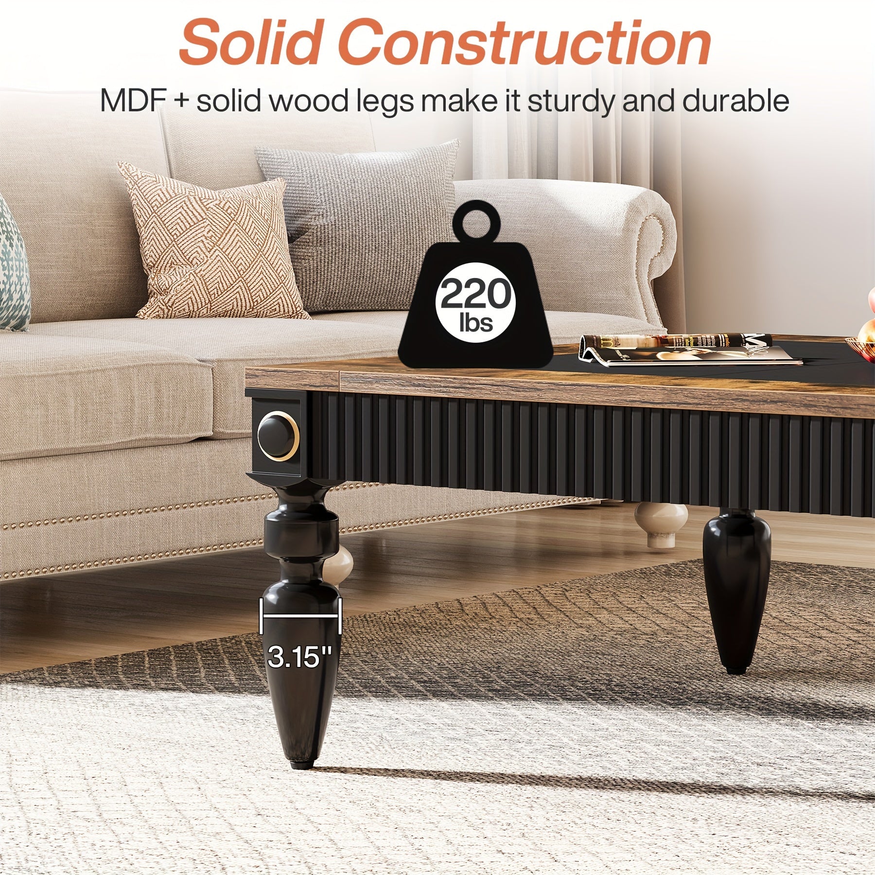 Square Coffee Table, 110cm In Size With Sturdy Solid Wood Legs, Ideal For Living Room As A Large Centerpiece, Cocktail, Tea, Or Accent Table, Easy And Simple Assembly Required