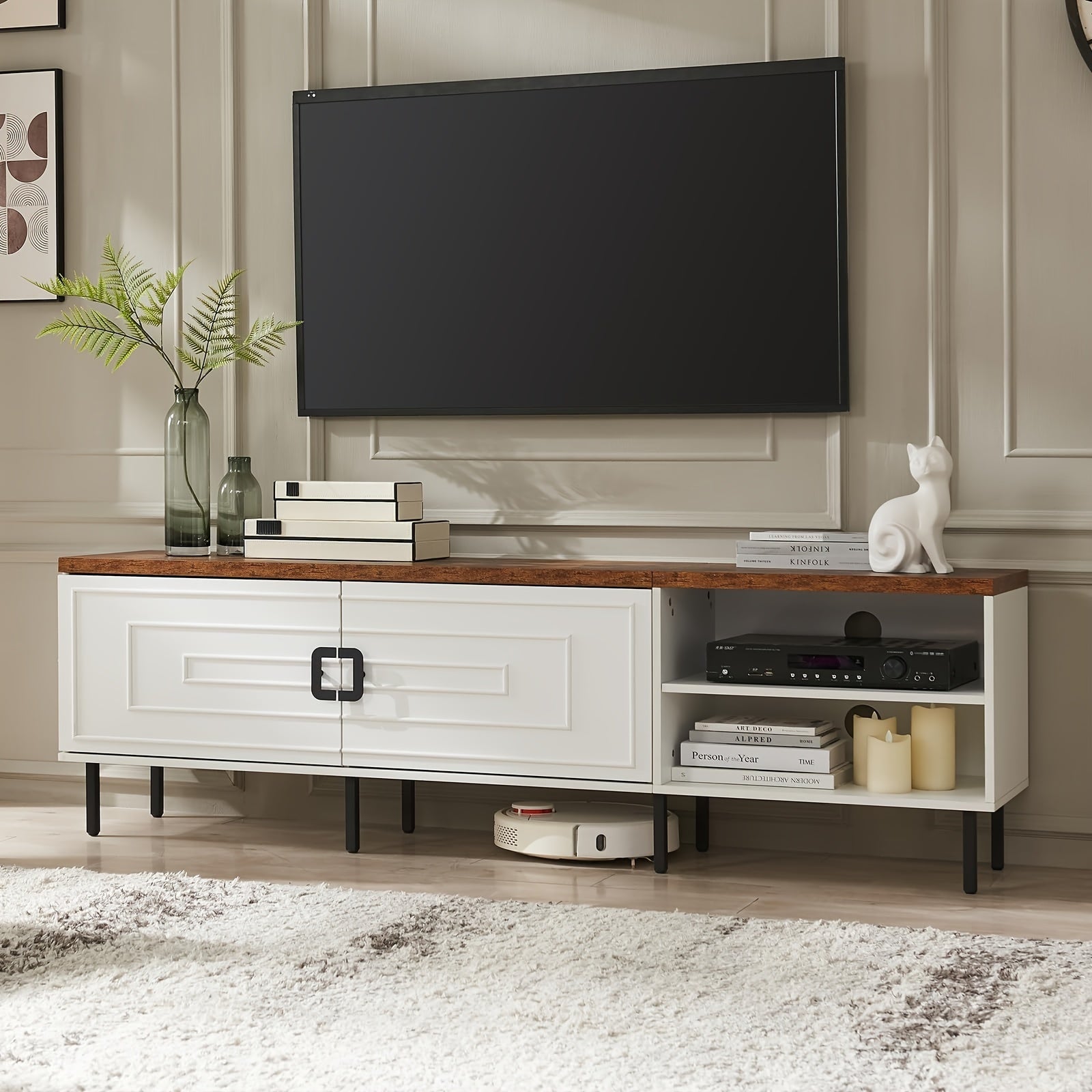 White TV Stands For Living Room, 178cm Farmhouse TV Stand For 50/60/70/80 Inch TV, Gaming TV Console Table With Media Storage For Gaming Room, Modern Entertainment Center For Bedroom.