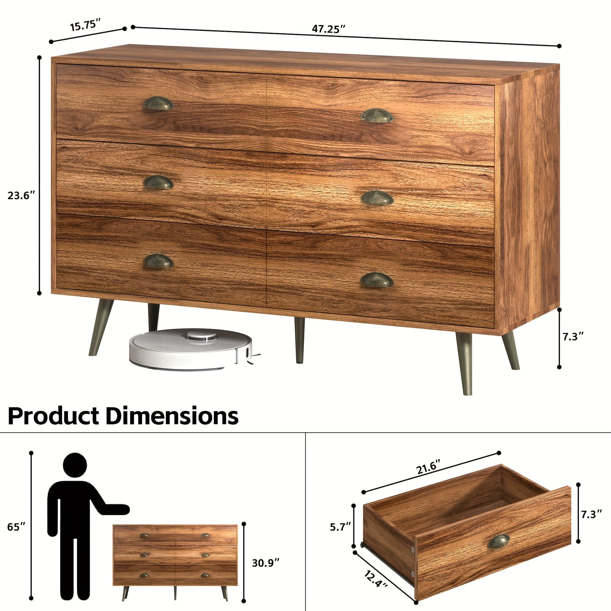 Dresser for Bedroom with 6 Drawers, Mid Century Modern Dresser with Gold Handles, Wooden Dressers & Chest of Drawers Organizer for Entryway, Walnut Wood