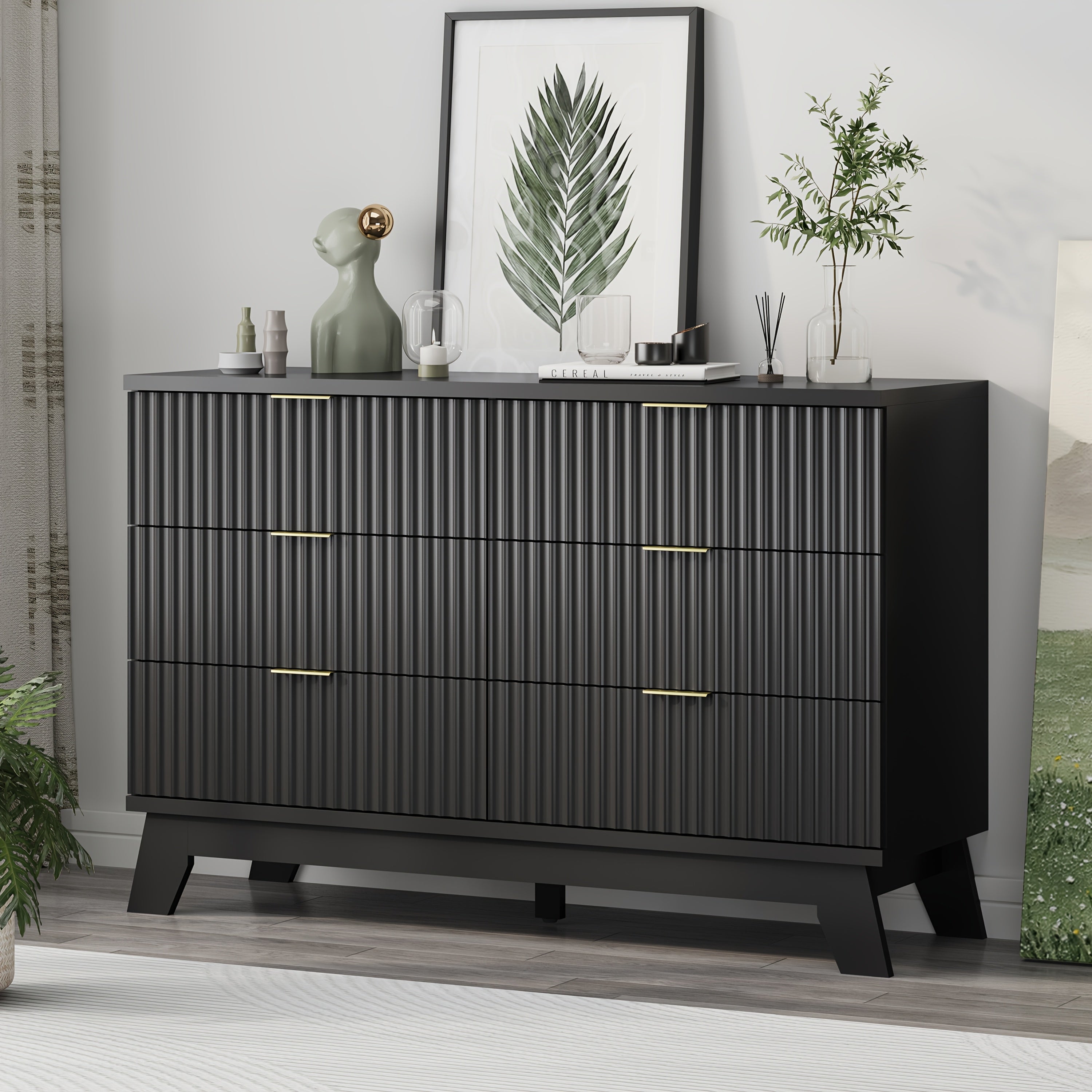 Elegant 6-Drawer Fluted Dresser in Pure White - Modern Chest of Drawers with Golden Metal Handles, 48" Wide, Hardwood Construction, Ideal for Bedroom & Living Room Storage, Living Room Furniture|Elegant Furniture Piece|Handle