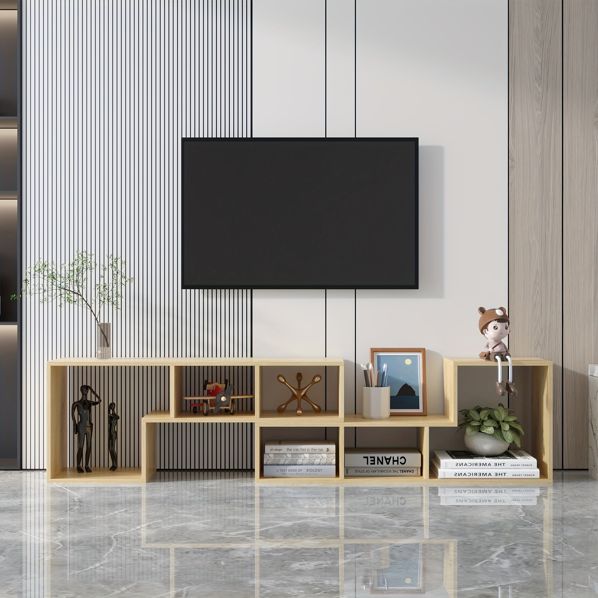 2 Pieces Console TV Stand for 50-85 inch TV, TV Table Modern Entertainment Center Media Stand, Storage Bookcase Shelf for Living Room Hallway Entrance