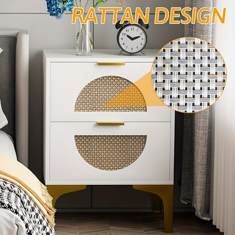 Rattan Nightstand With 2 Drawers, Wooden Boho Side Table With Storage, Bedside End Table For Bedroom, Dorm And Small Spaces (White)