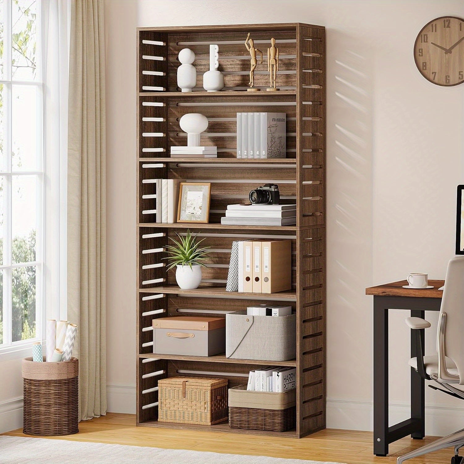 Rustic Brown 6-Tier Wooden Bookcase - 177cm Tall Floor Standing Display Shelf with Storage, Easy Assembly, Anti-Tip Kit Included for Home Office, Living Room, Bedroom