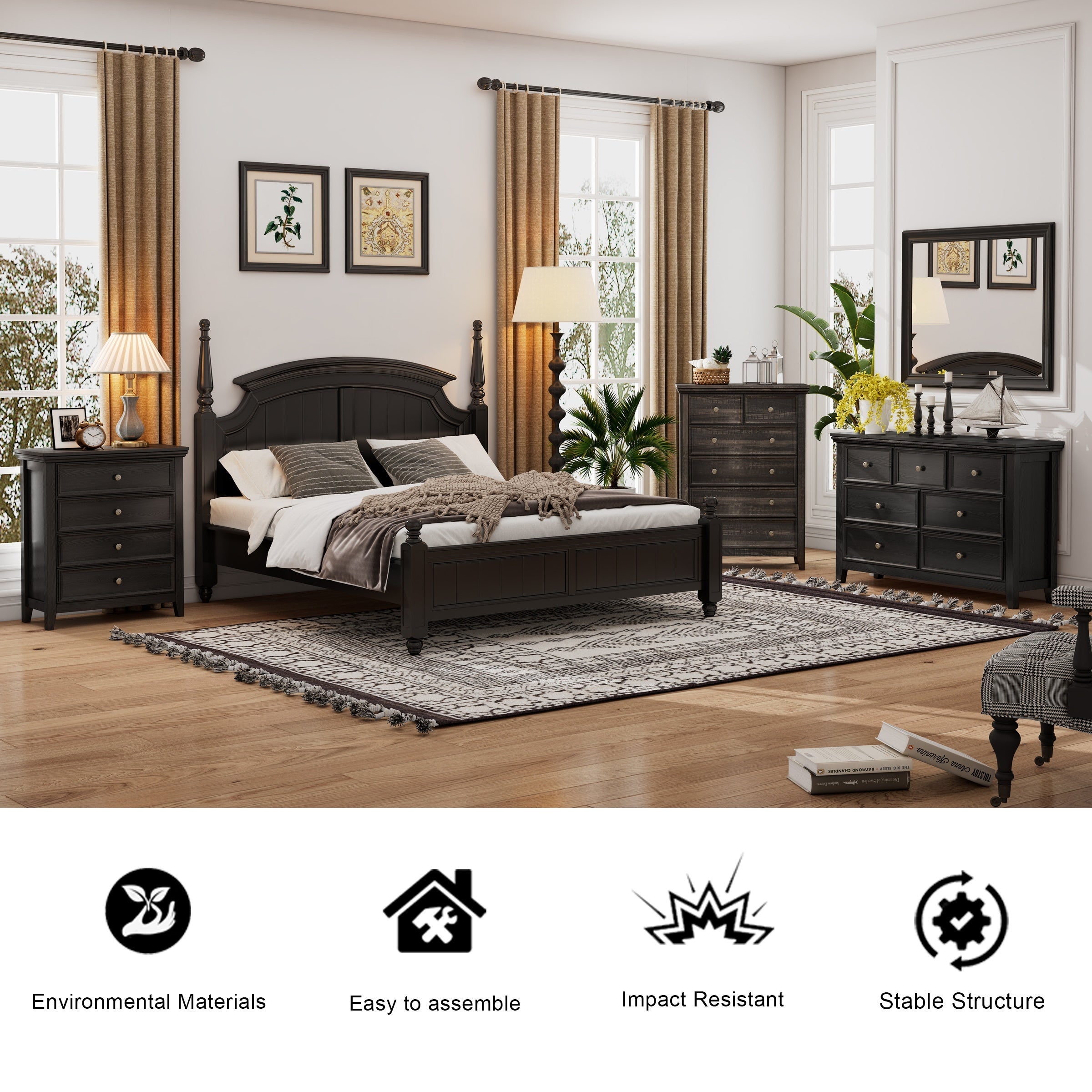 Black Dresser for Bedroom, 4 Chest of Drawers, Modern Drawer Dresser, Wooden White Black Dresser for living room, hallway