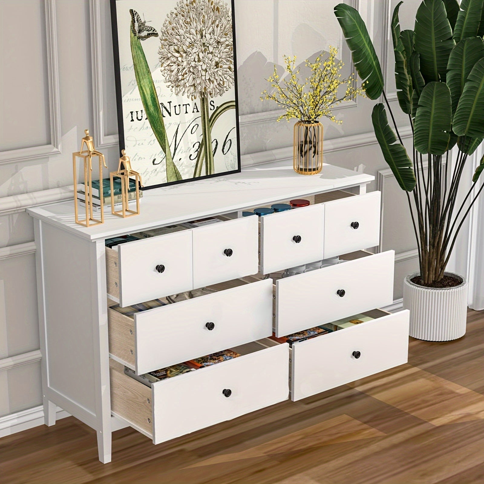 Classic 6-Drawer Double Dresser - Floor Mount Wood Bedroom Storage Chest with Flat Panel Doors, Metal Handles, Composite Wood Back, Easy Assembly, Weather Independent - Ideal for Hallway, Entryway