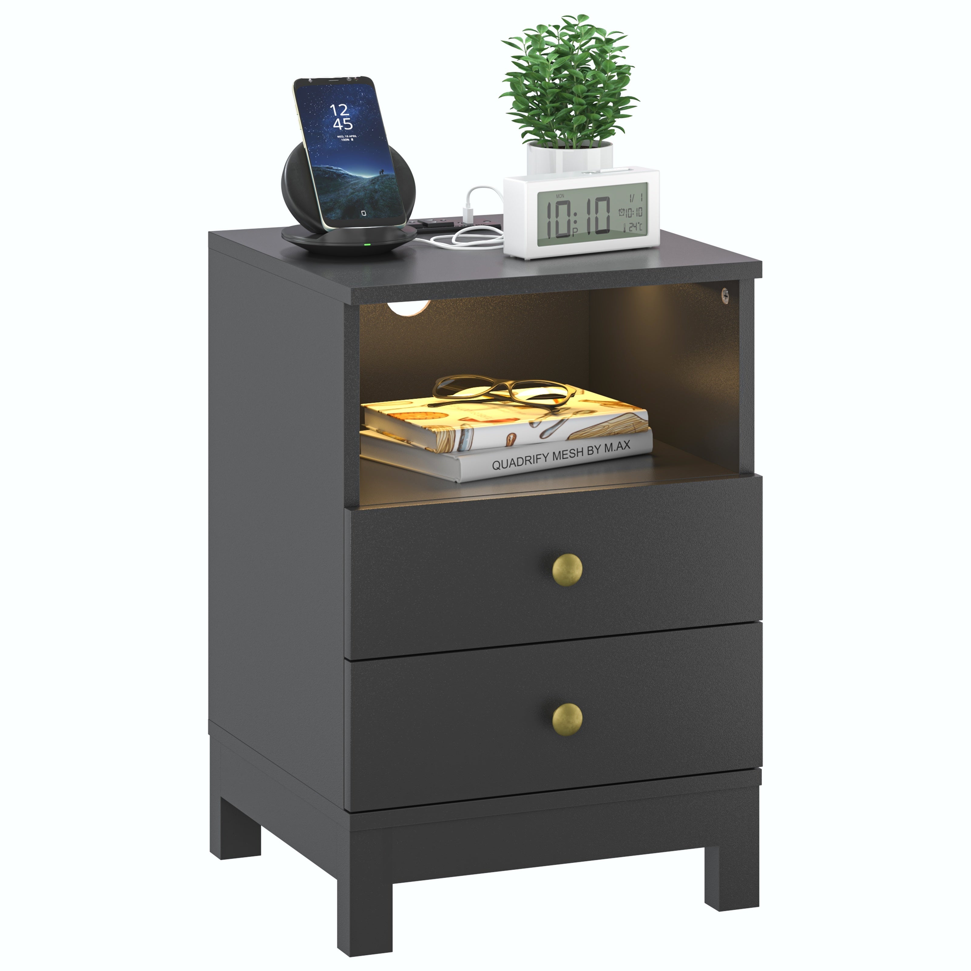 Nightstand with Charging Station, Bedside Table with USB & Type-C Port