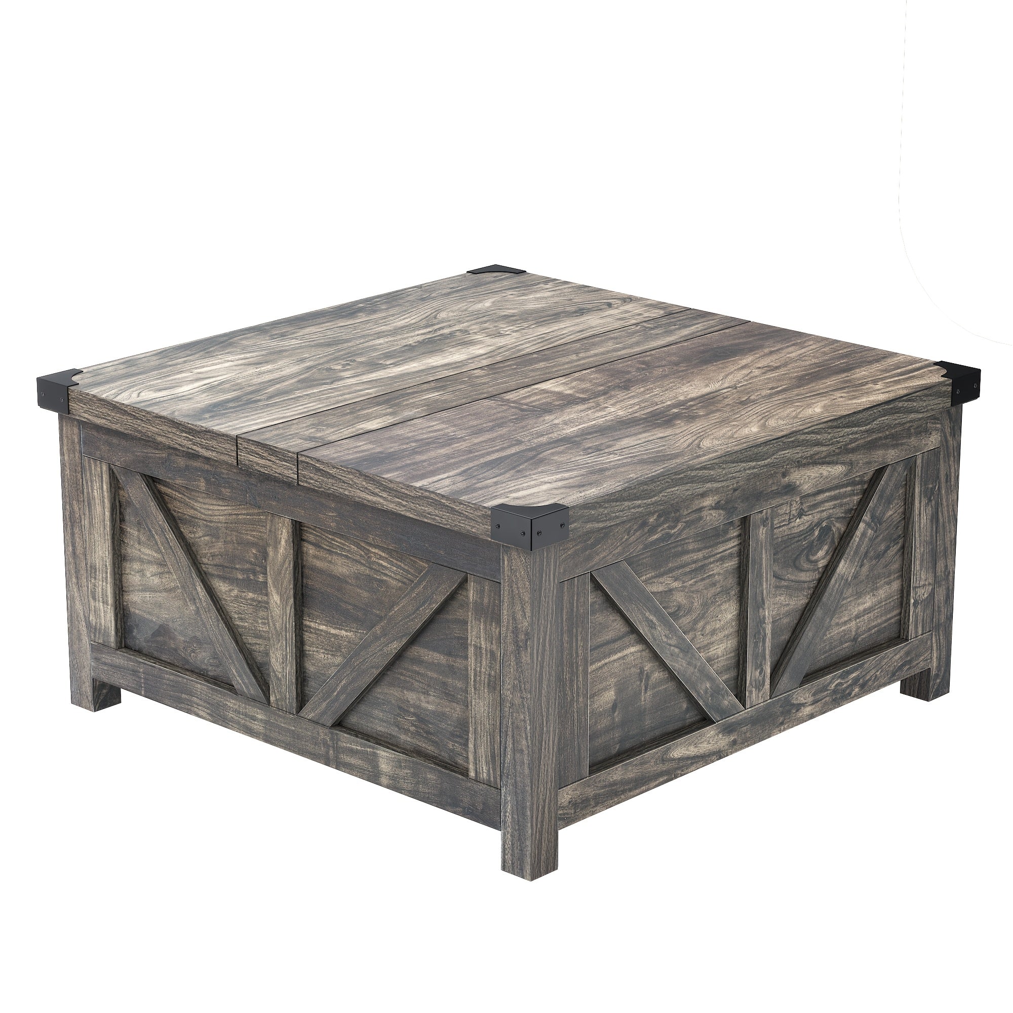 Farmhouse Lift Top Coffee Table With Power Outlets And Large Hidden Storage, Square Wood Living Room Tables, Multi-Function Lift Wooden Barn Door Center Table