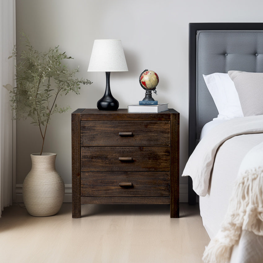 Retro brown density board with solid wood veneer 24.02*16.93*23.62inch 3 drawers bedside table 2pcs