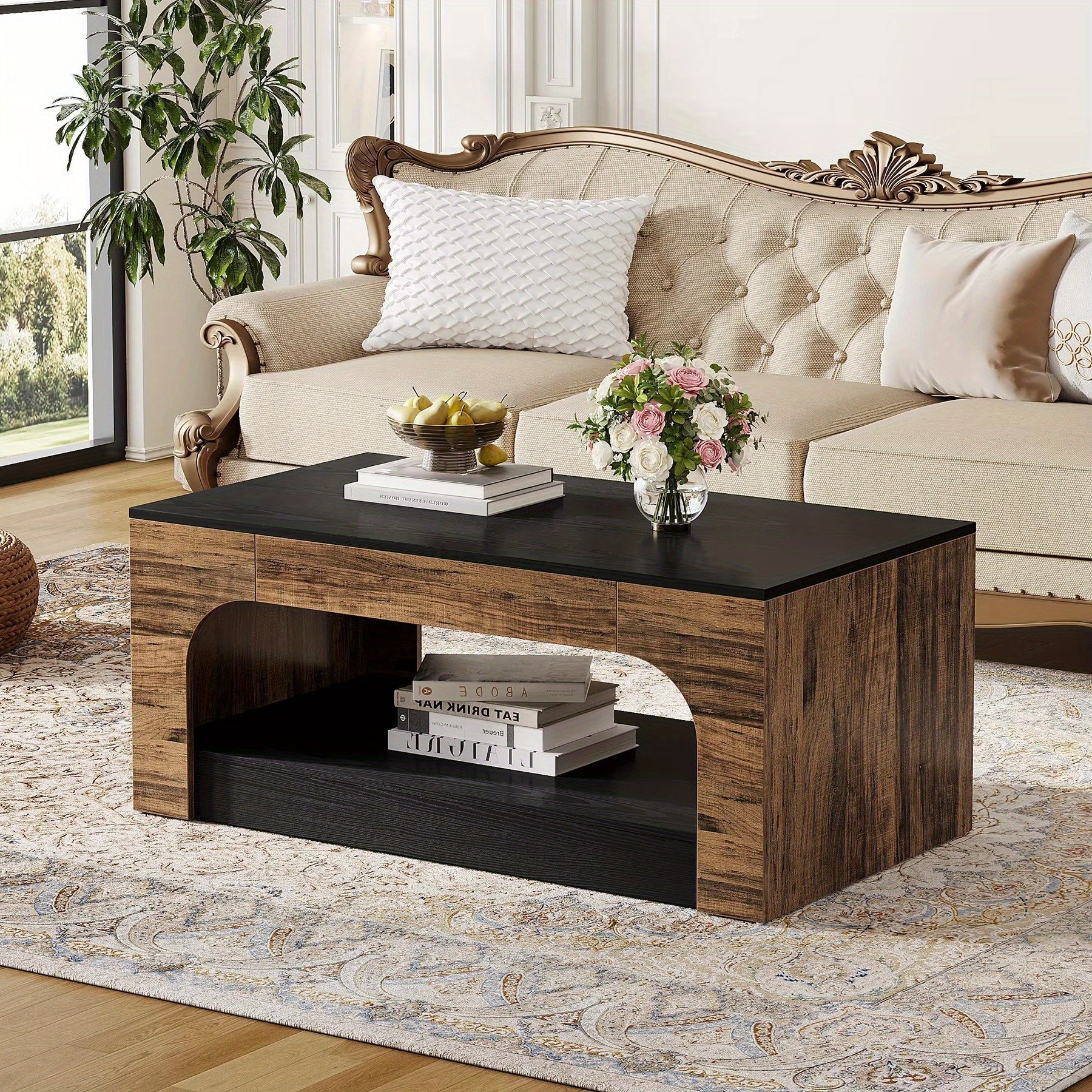 Chic 2-Tier Wooden Coffee Table with Storage - Sturdy Hardwood Construction, Holds Up to 120 lbs Capacity, Perfect for Living Room & Dining Area