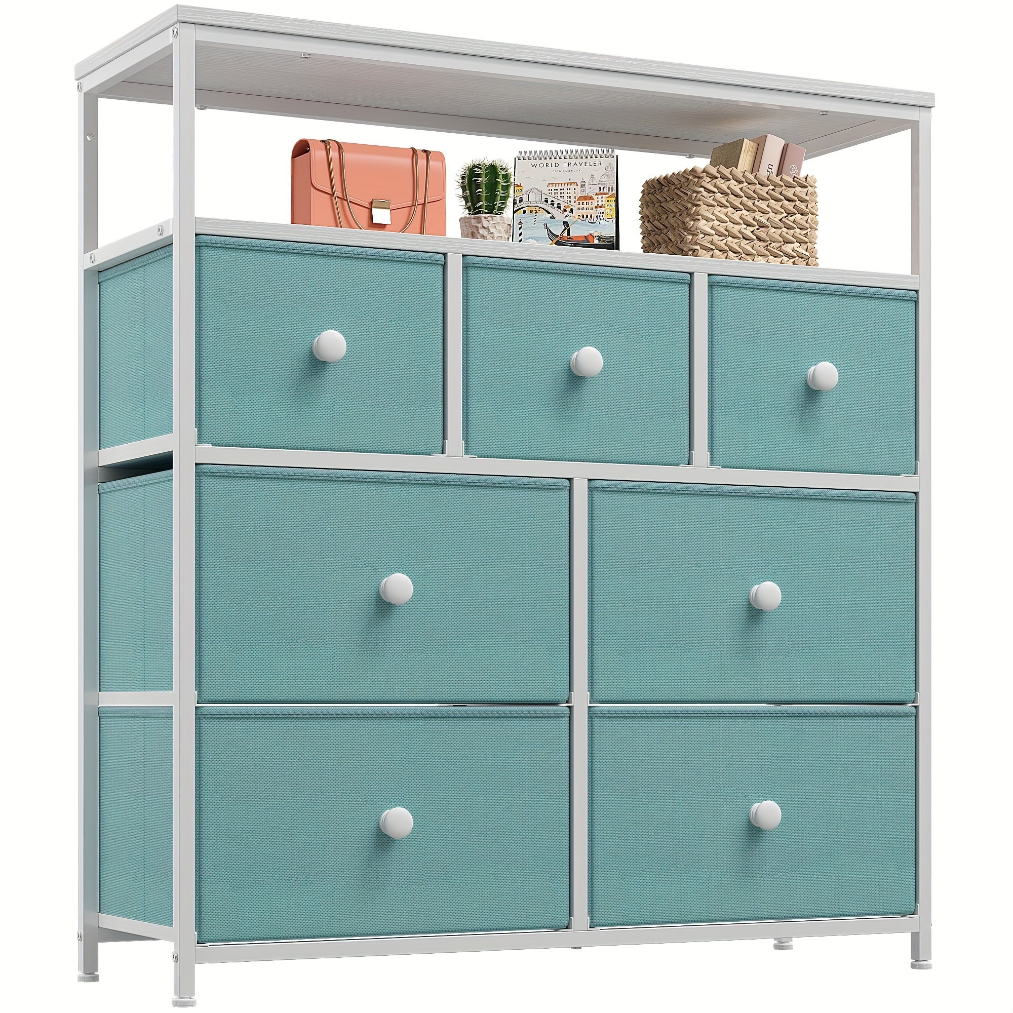 Dresser For Bedroom With 7 Drawers And 2 Shelves, TV Stand Dresser With Wooden Top And Metal Frame, Tall Dressers & Chest Of Drawers For Bedroom, Aqua