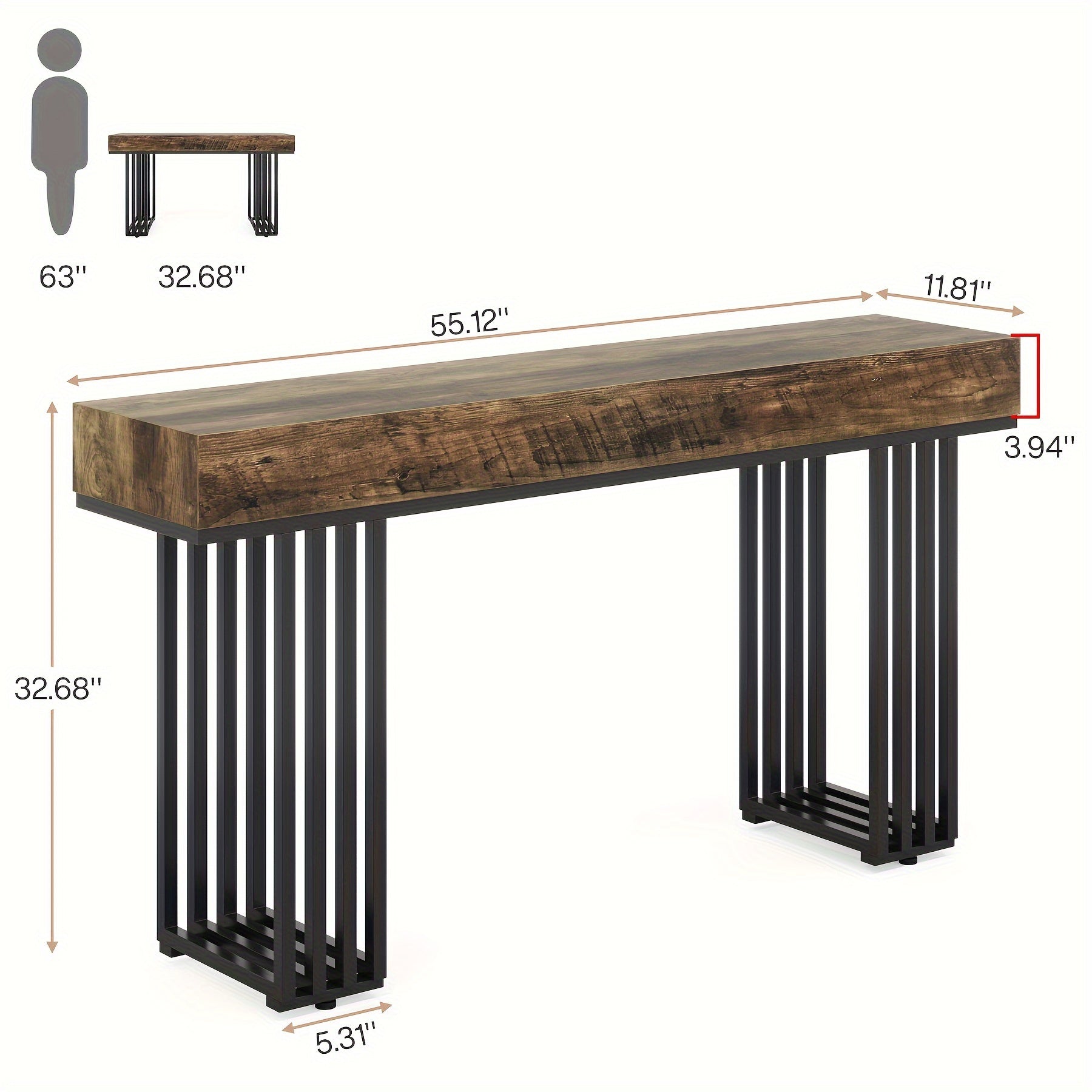 Entryway Table, Farmhouse Natural Console Table with Storage Shelf, Wood and Metal Narrow Entrance Table 140 cm Sofa Table for Entry Hallway Living Room