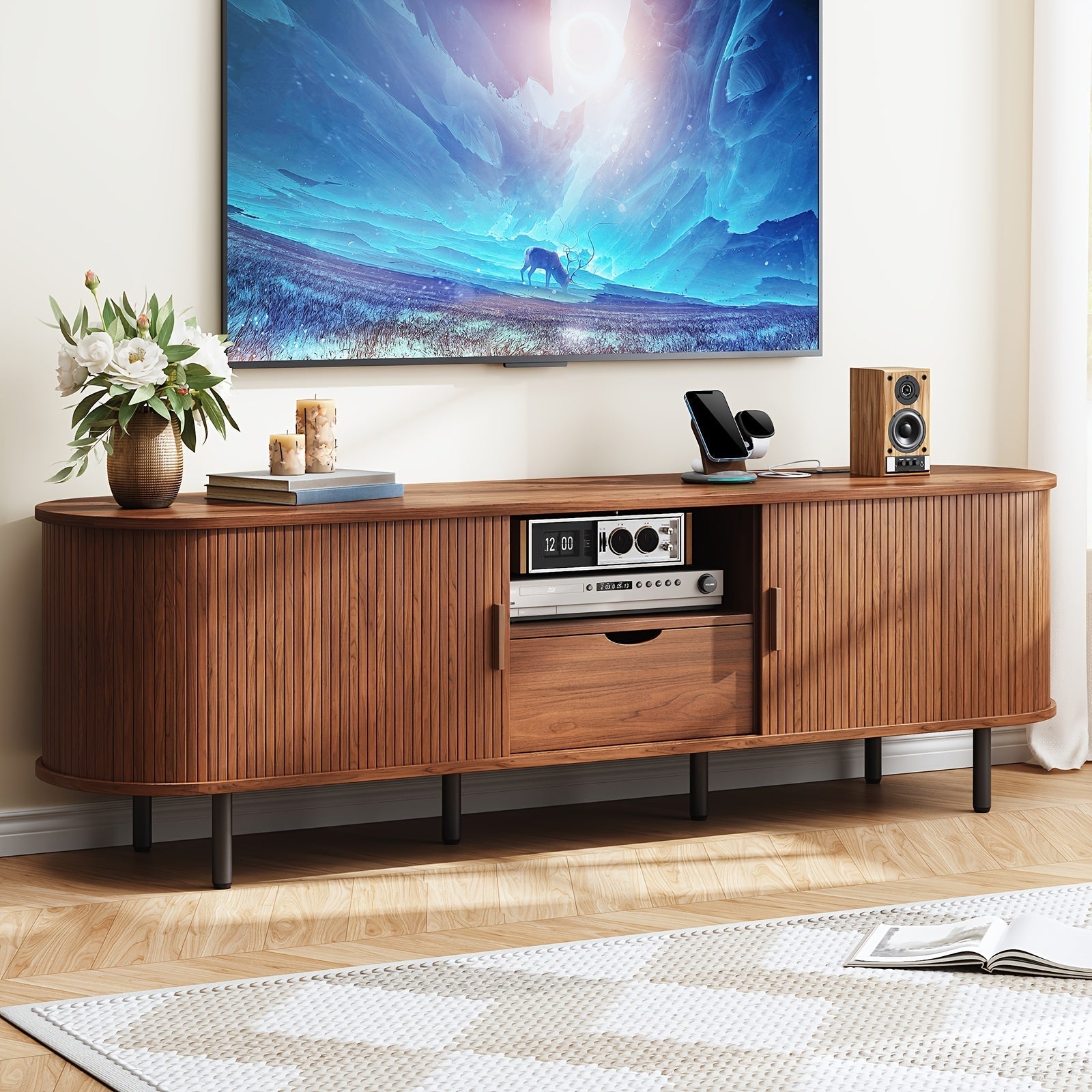 Festive 175cm Walnut TV Stand with Power Outlets - Fits TVs Up to 80", Modern Media Entertainment Center with Storage, Drawers, Adjustable Shelves & Sliding Doors - Ideal for Holiday Living Room Decor, TV Console Table