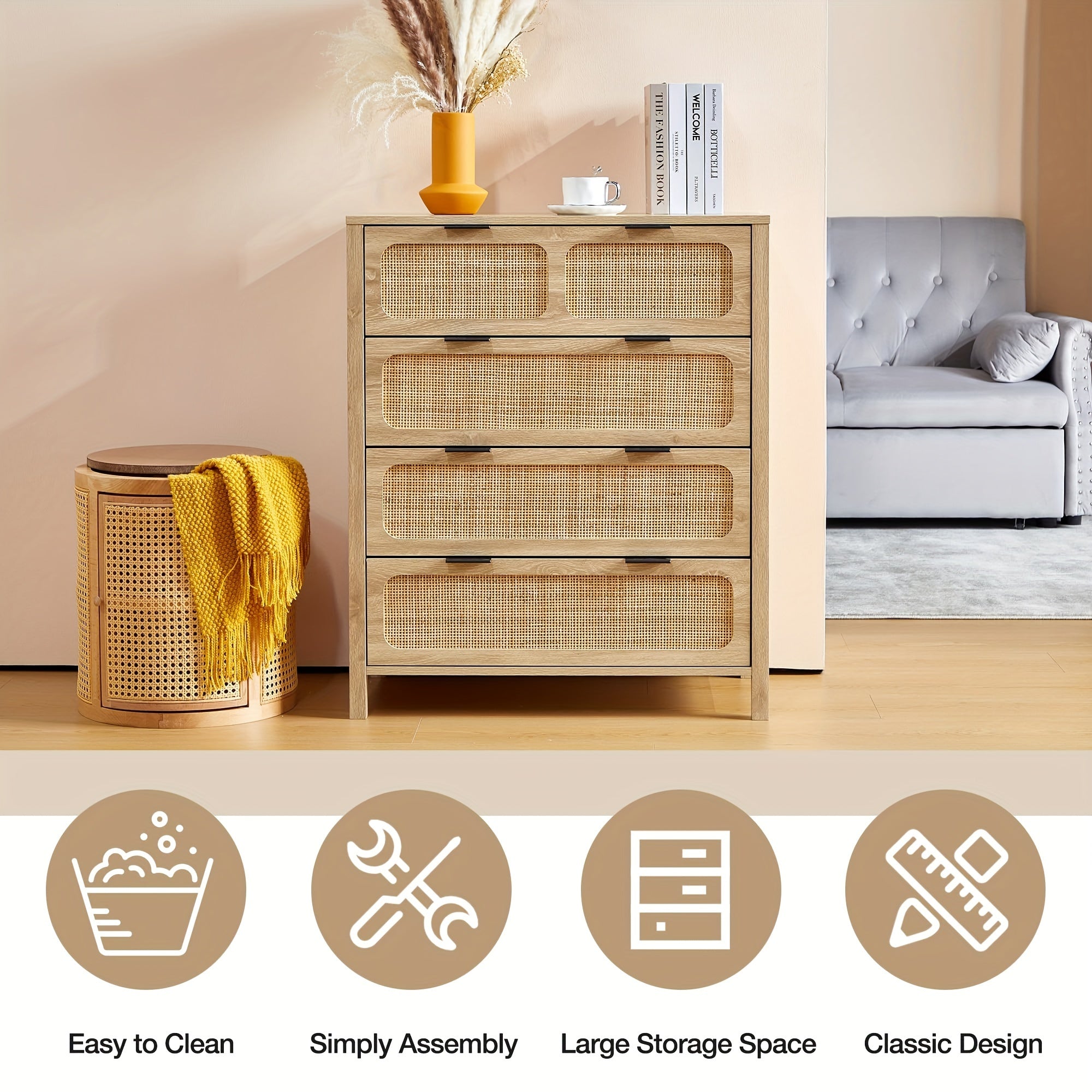 4 Drawer Dresser, Modern Rattan Dresser Chest With Wide Drawers And Metal Handles, Farmhouse Wood Storage Chest Of Drawers For Bedroom, Living Room, Hallway, Entryway