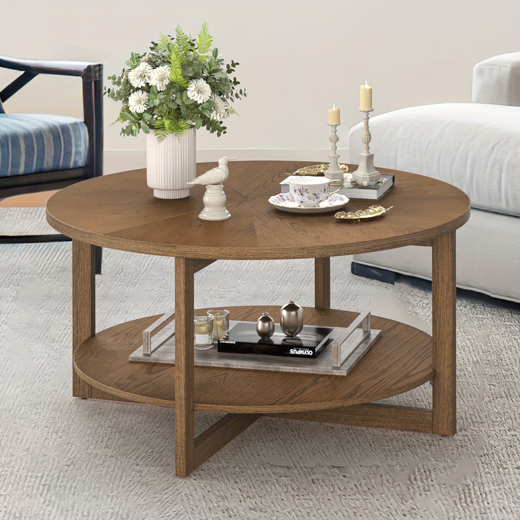 Round Coffee Table, Cocktail Table For Living Room, 35" Rustic Modern Circle Coffee Tables With 2-Tier Storage Shelf, Sofa Table,