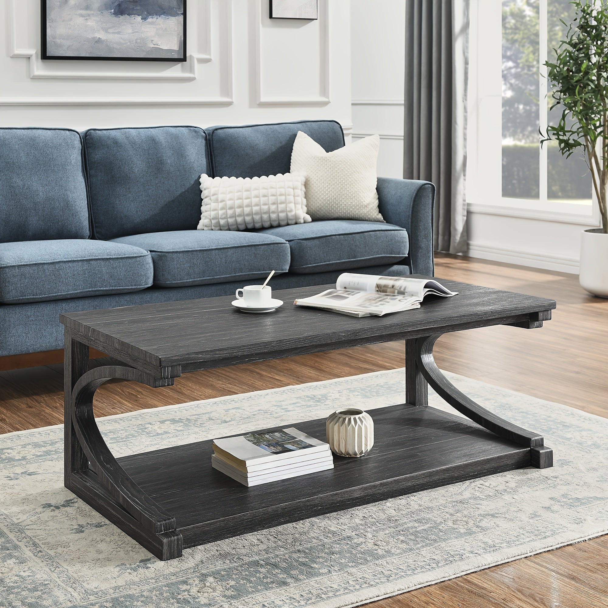 Modern 122cm Black Wooden Coffee Table with Storage - Unique Geometric Design, Perfect for Living Room, Kitchen, or Apartment