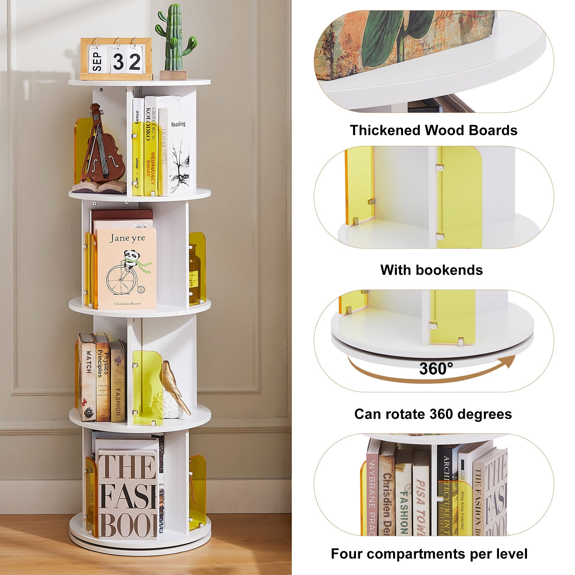 4-Tier Rotating Bookshelf 360 Floor Standing Round Bookshelf for Bedroom, Living Room