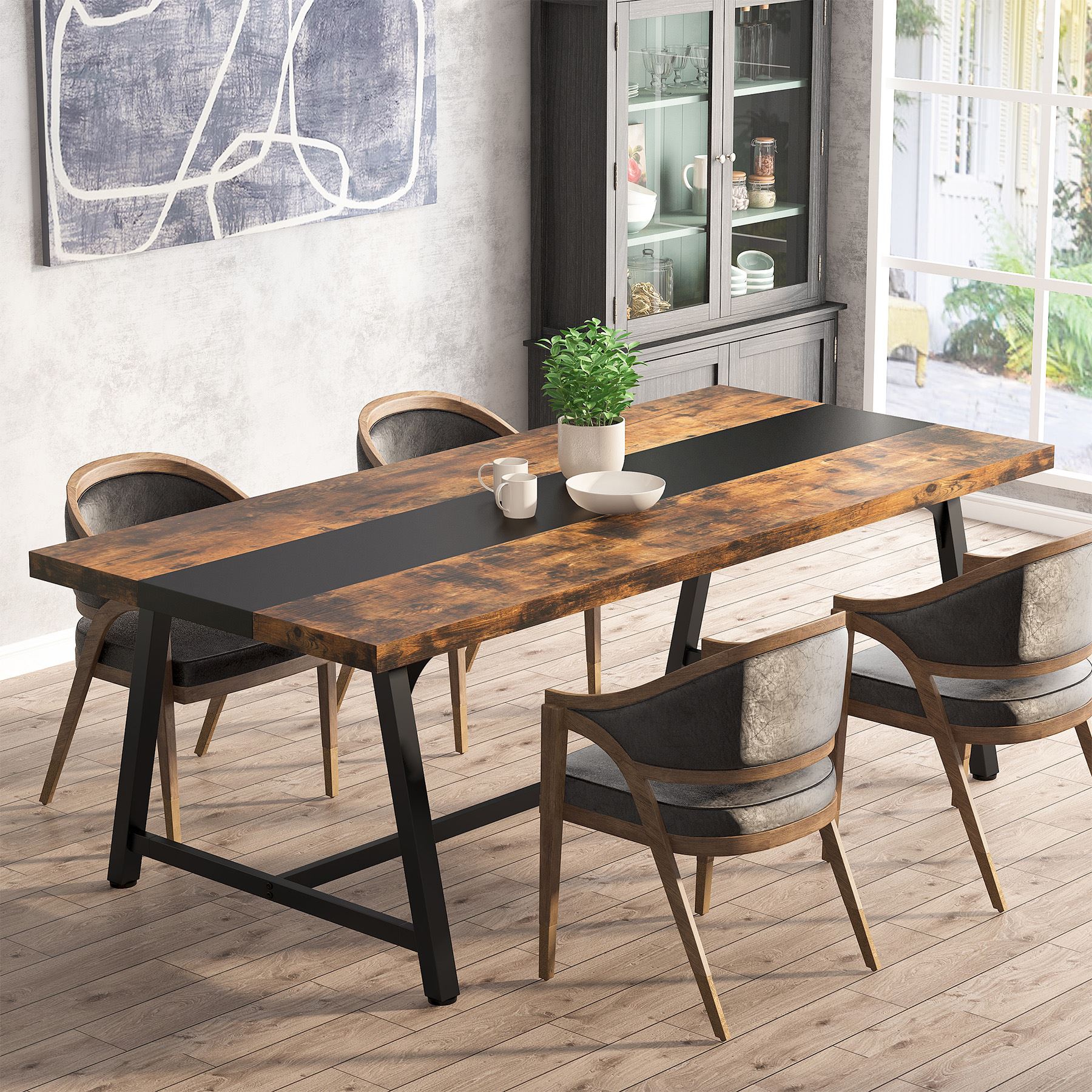 Dining Table for 8 People, 180 cm Rectangular Wood Kitchen Table