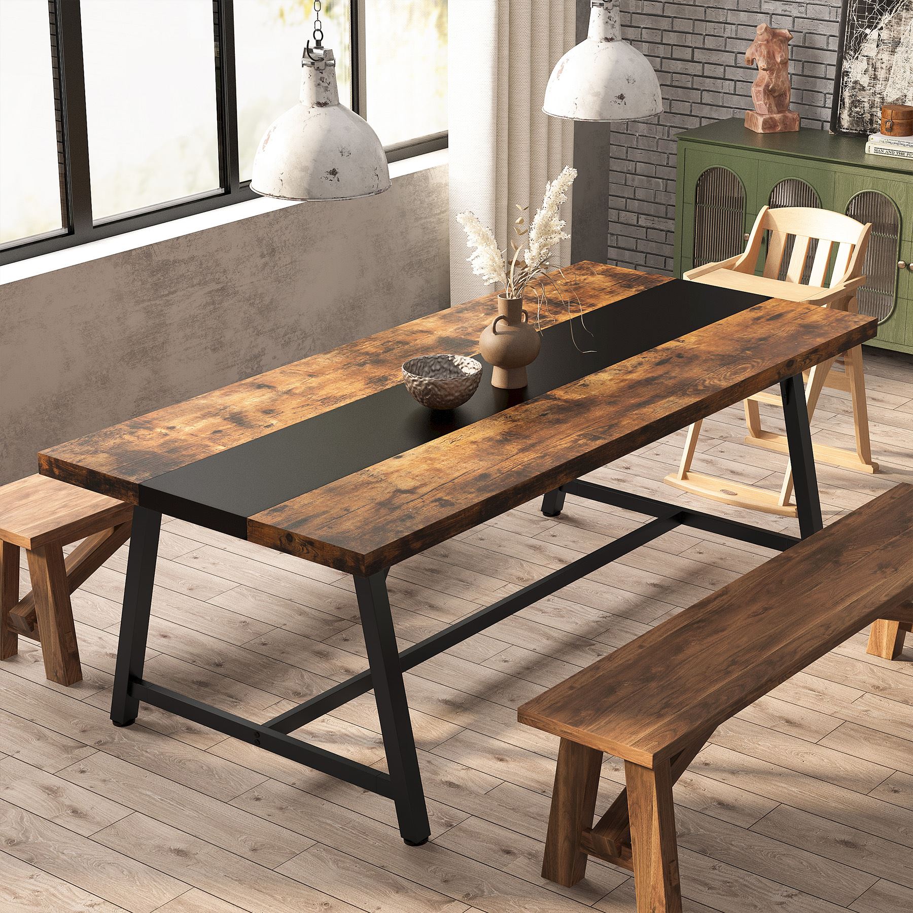 Dining Table for 8 People, 180 cm Rectangular Wood Kitchen Table