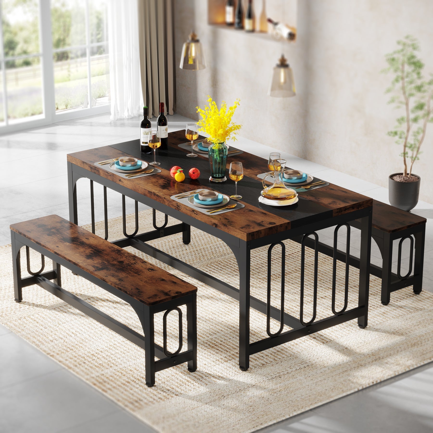 Dining Table Set, 3-Piece Kitchen Table with 2 Benches for 4-6 People (cm)