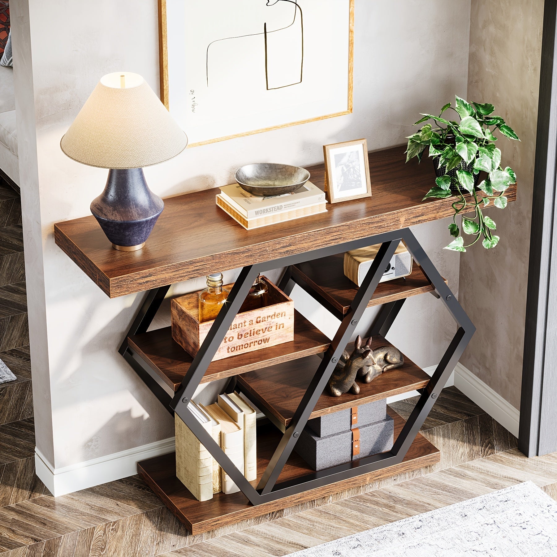 100 cm Brown Rectangle Wood Console Table, 5-Tier Sofa Table Storage Behind Sofa Entryway Couch Accent Wall Console Home