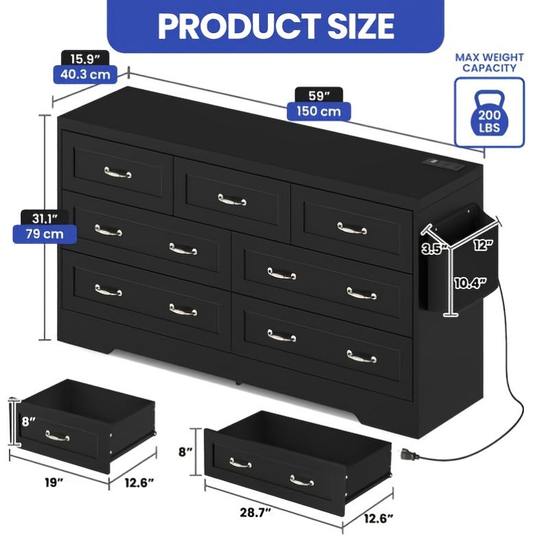 Elegant 7- Drawer Wood Dresser with Charging Station: Versatile Storage Cabinet for Bedroom, Entryway, and Living Room