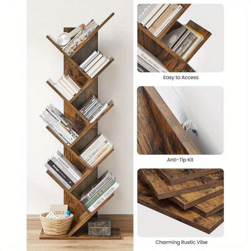 9-Tier Tree Bookshelf, Space-Saving Wooden Corner Shelf for Books, CDs, Games - Sturdy & Secure, Ideal for Bedroom, Living Room, Home Office Decor, Bookshelf Decorations