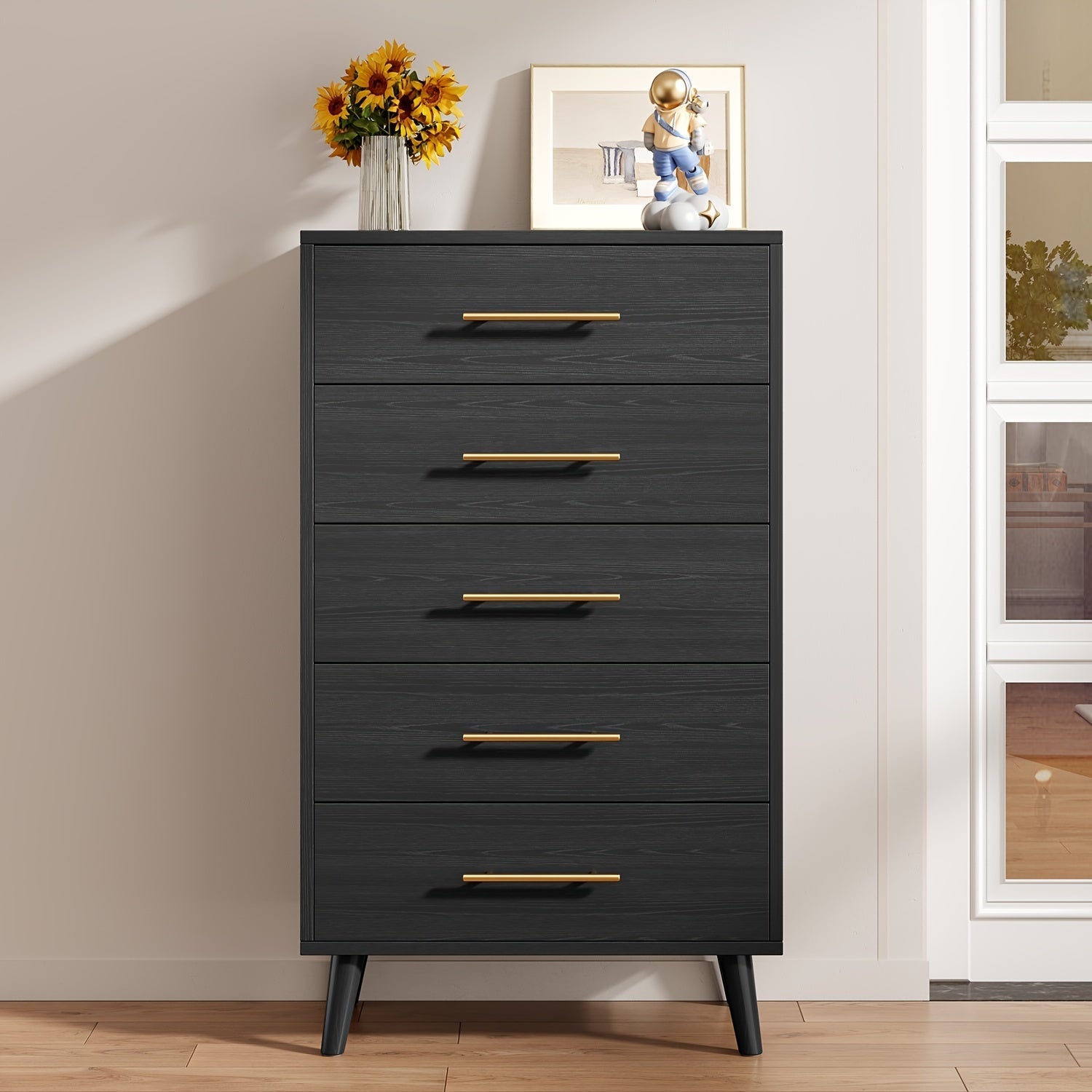 5 Drawer Dresser For Bedroom, Tall Chest Of Drawers With Metal Handles, Wood Storage Organizer Dresser Nursery Dresser, For Living Room/Hallway/Entryway