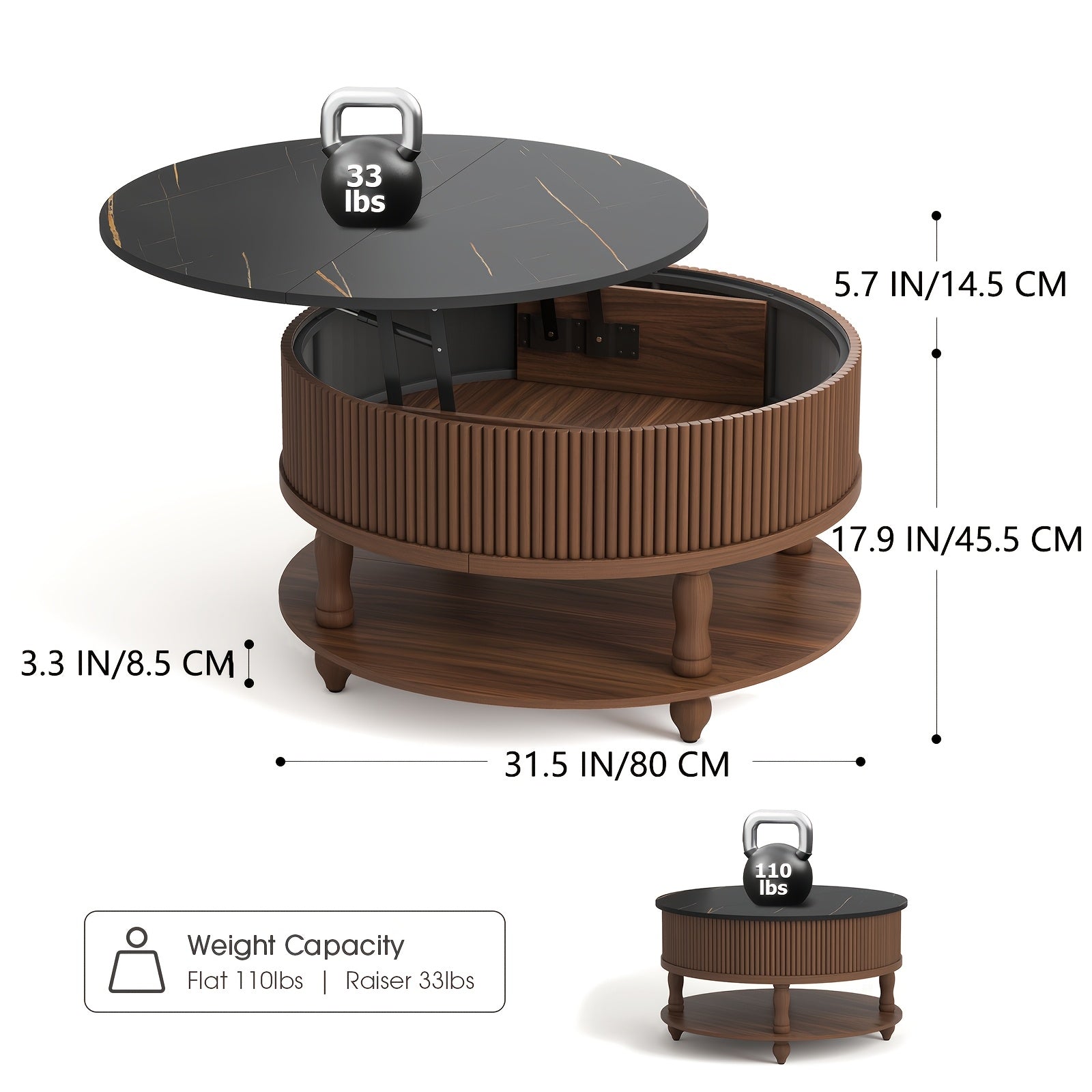 Round Elevated Coffee Table -- Multifunctional Coffee Table With Solid Wood Legs And Built-in Storage, Mid-century Modern Style, Ideal Living Room Companion For Dining, Gaming & Working, Walnut