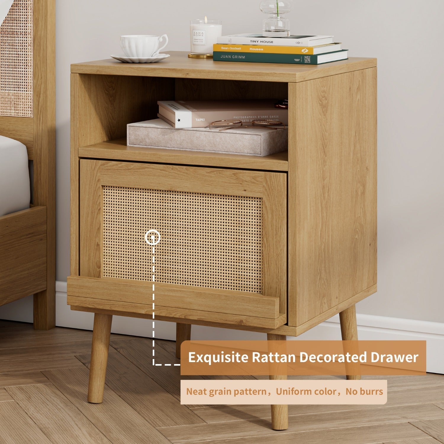 56cm H Natural Wood Rattan Nightstand with Single Drawer & Open Shelf - Mid-Century Modern Design, Sturdy Hardwood Construction, Ideal for Bedroom Storage and Display, Wood Home Decor