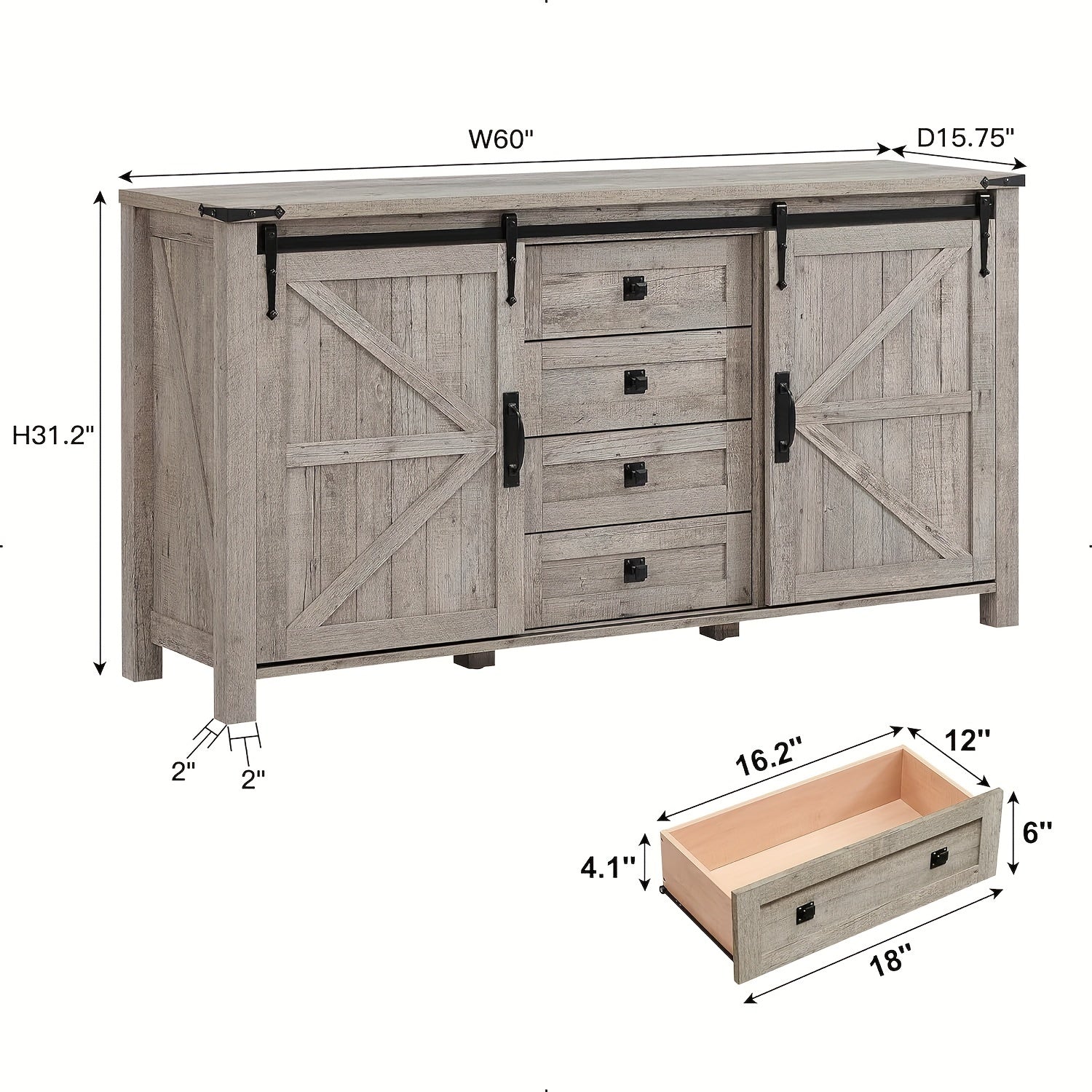 152cm Farmhouse Dresser Chests For Bedroom W/4 Drawers & Sliding Barn Doors, Tall Chest Of Drawers, Rustic Dresser TV Stand, Dresser Organizer For Bedroom, Living Room