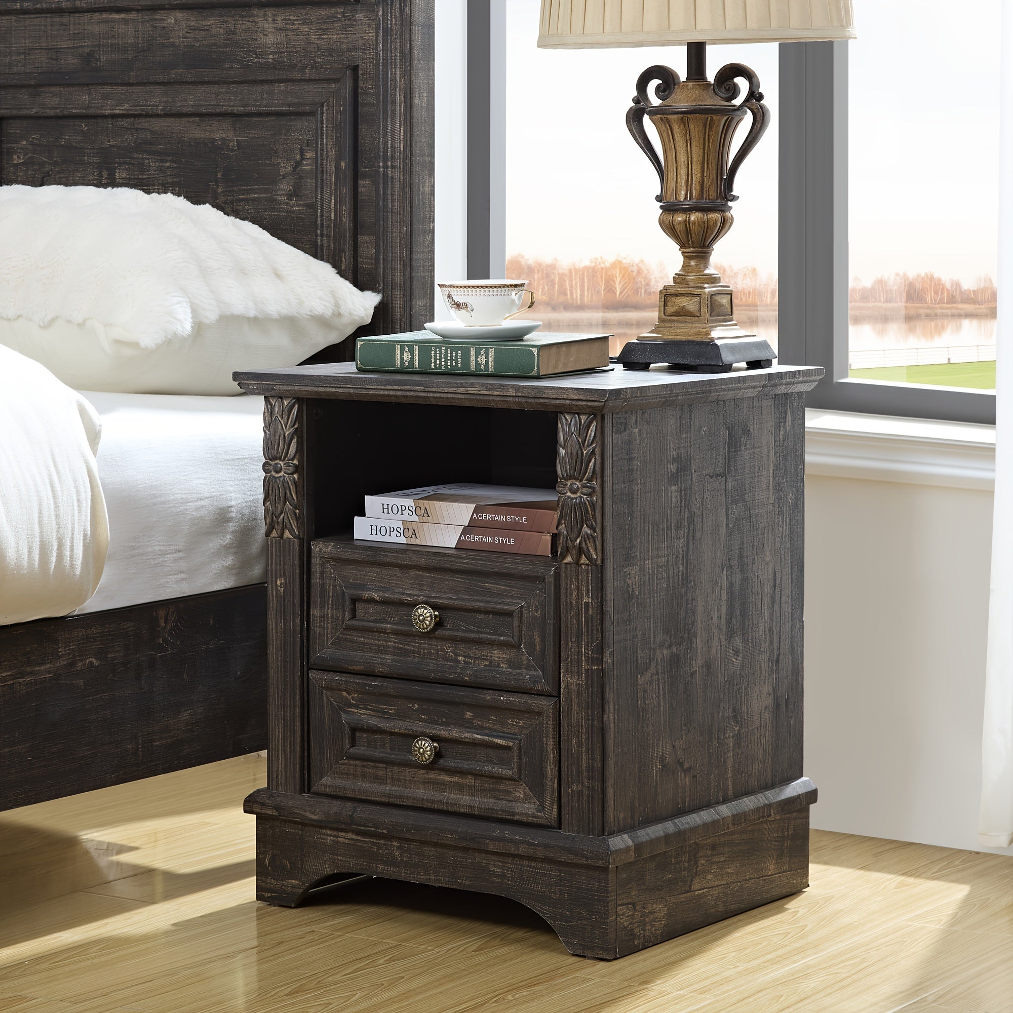 Charming Gray Vintage Farmhouse Nightstand - Multifunctional Bedside Table with Storage, Perfect for Bedroom & Living Room