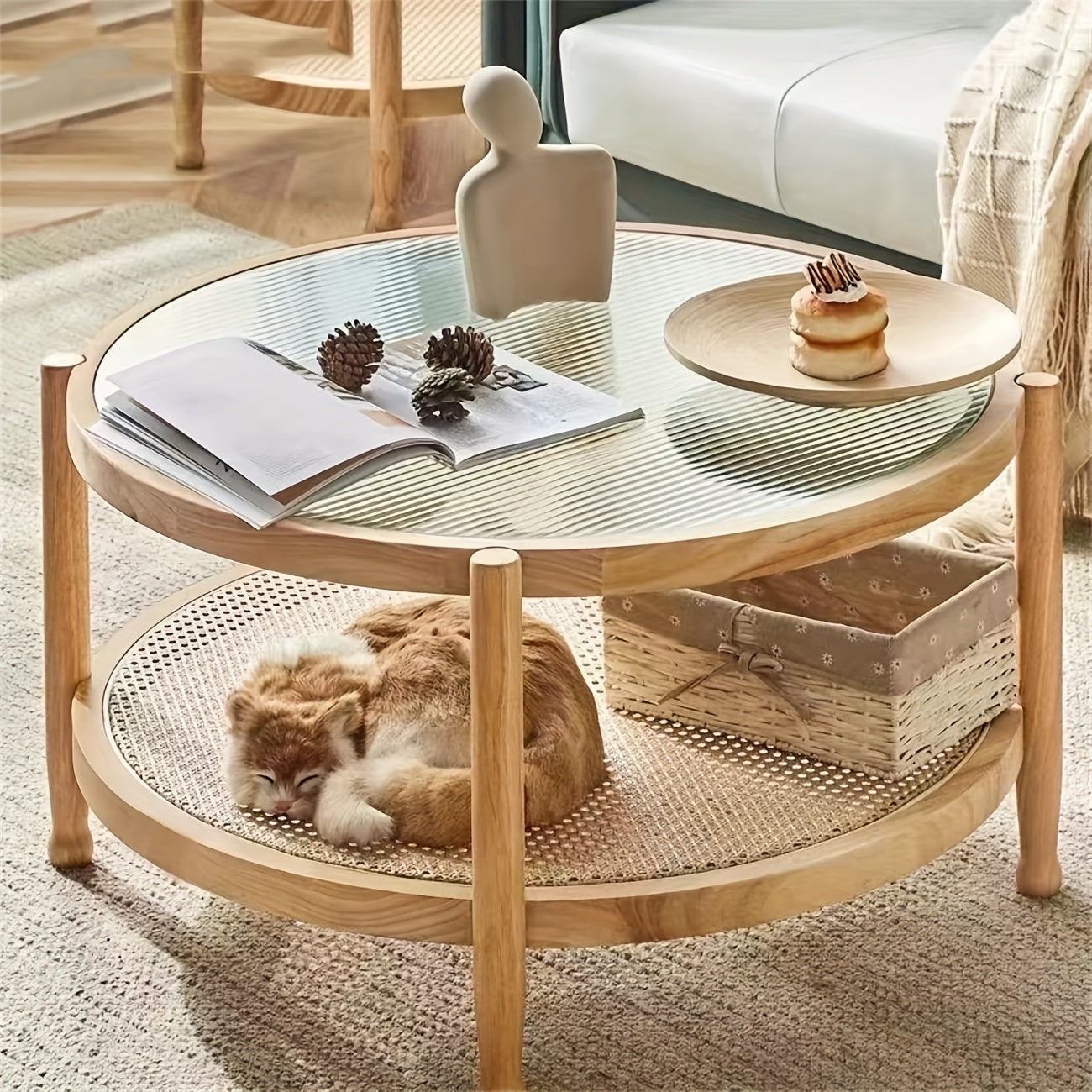 Modern Rattan Woven Tea Table With Glass Desktop, Chinese Simple Round Double-Layer Side Table, Solid Wood Coffee Table For Dining Living Room Lounge Bedroom