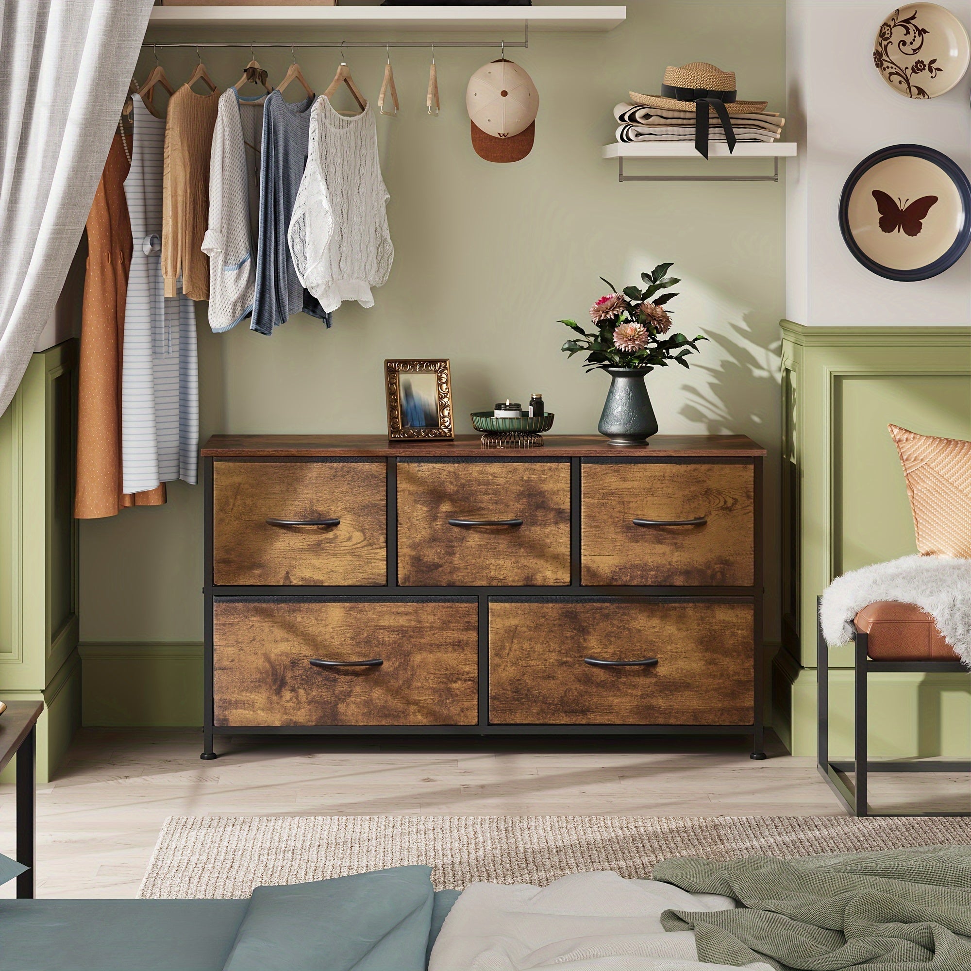 Dresser for Bedroom with 5 Drawers, Wide Chest of Drawers, Fabric Dresser, Storage Organizer Unit with Fabric Bins for Closet, Living Room, Hallway, Rustic Brown Wood Grain Print