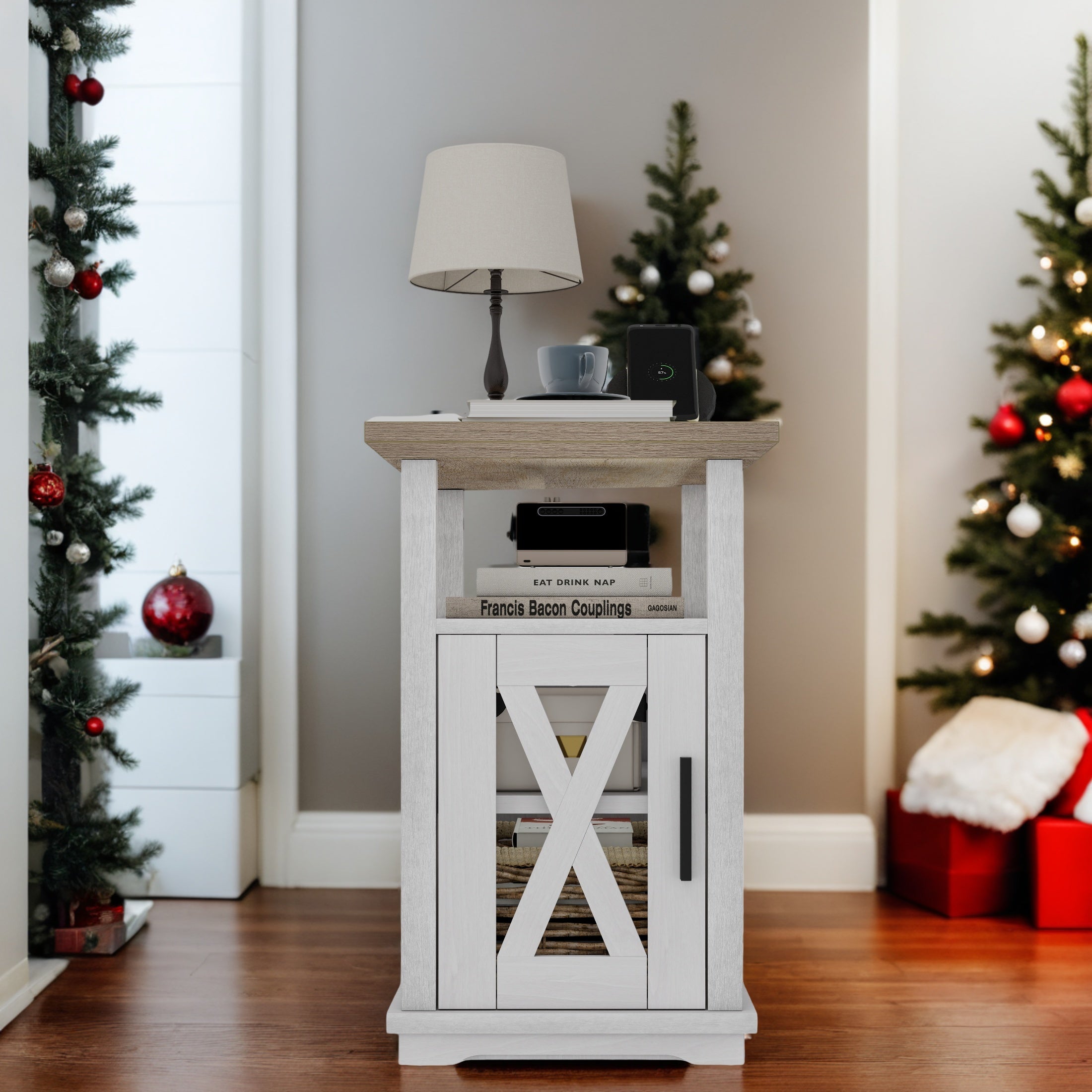 Modern Farmhouse End Table with Built-In Charging Station - White Wooden Sofa Side Nightstand, 14"x23.6"x24" - Perfect for Living Room Storage & Gifts