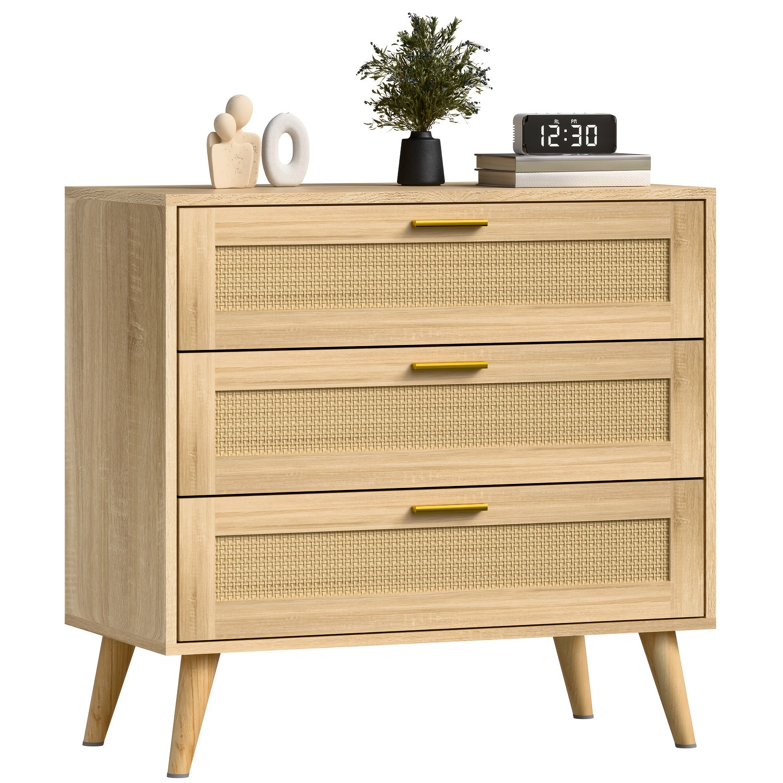 1pc Contemporary Rattan Dresser with 3/6 Drawers - Freestanding Wood Boho Chest of Drawers with Ample Storage, Golden Handles, for Bedroom, Living Room, Hallway